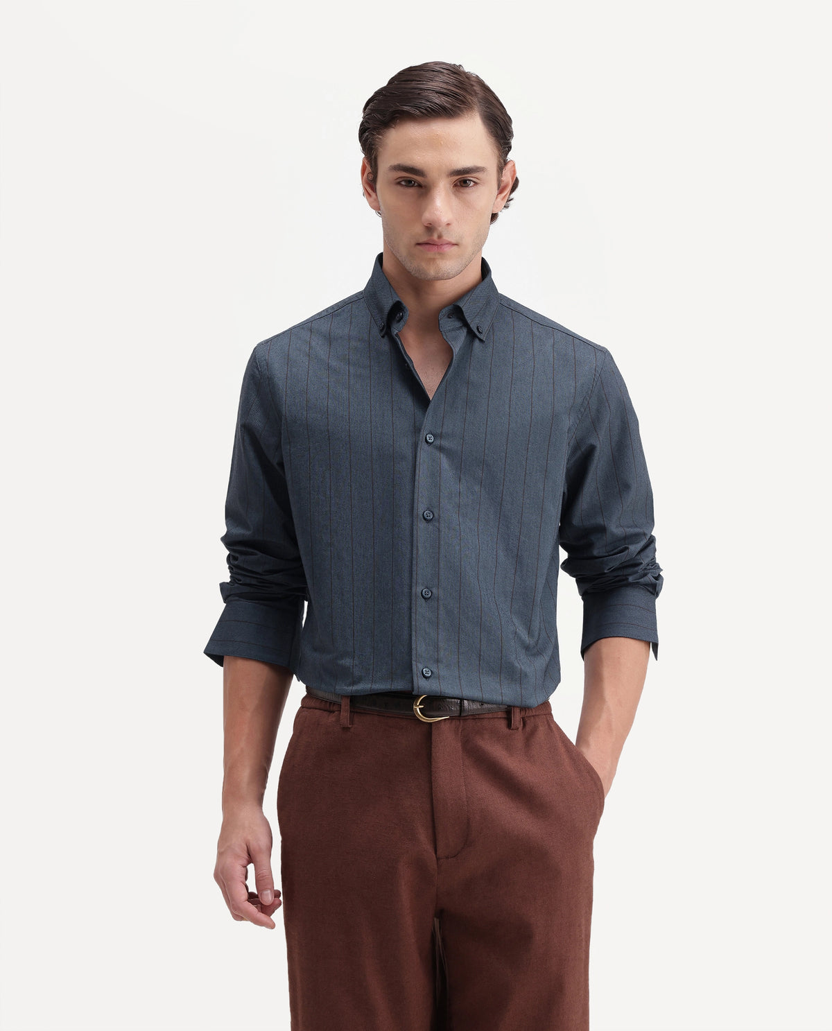 Rare Rabbit Men's Austu Primary Blue Cotton Spread Collar Button Regular Striped Shirt