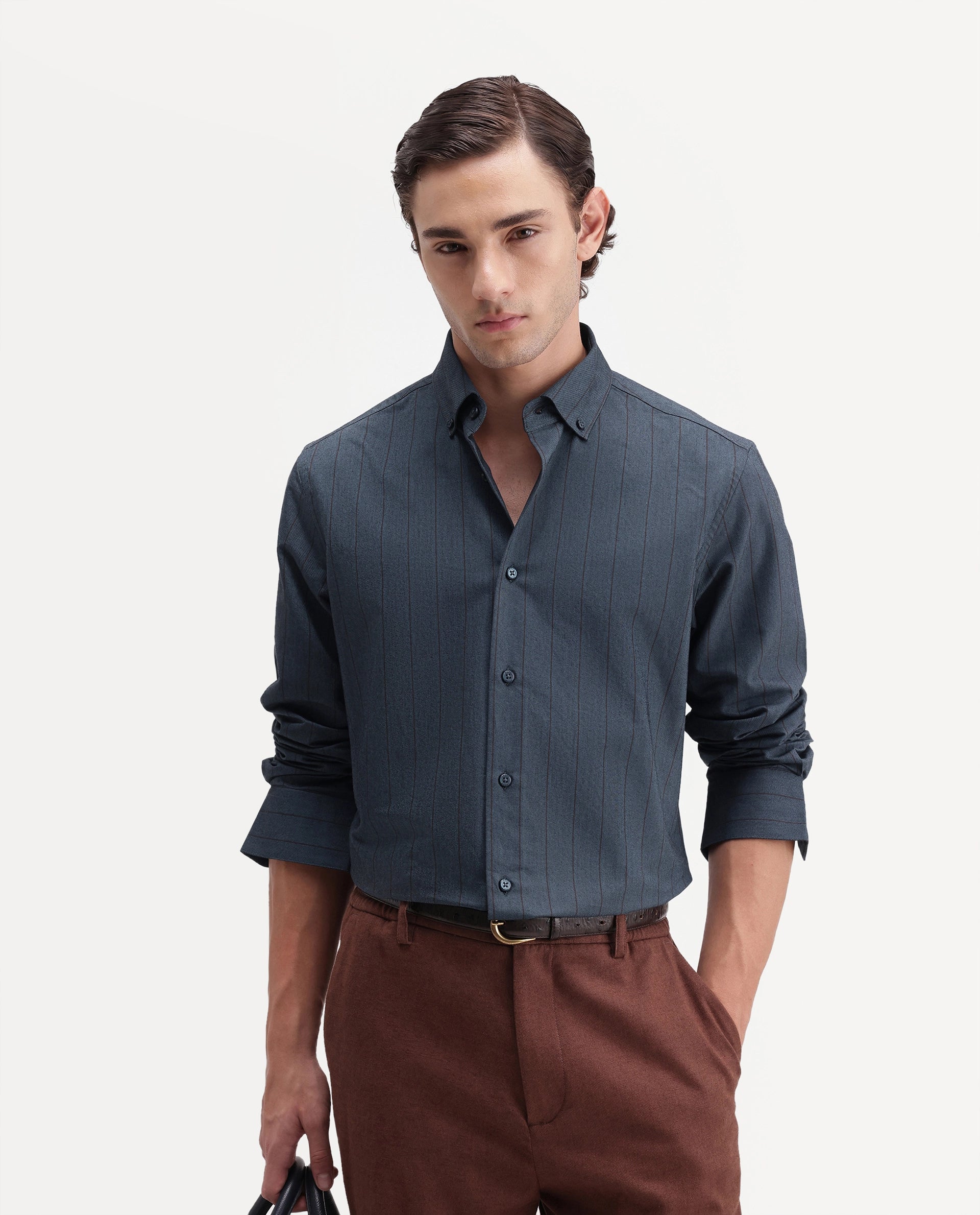 Rare Rabbit Men's Austu Primary Blue Cotton Spread Collar Button Regular Striped Shirt