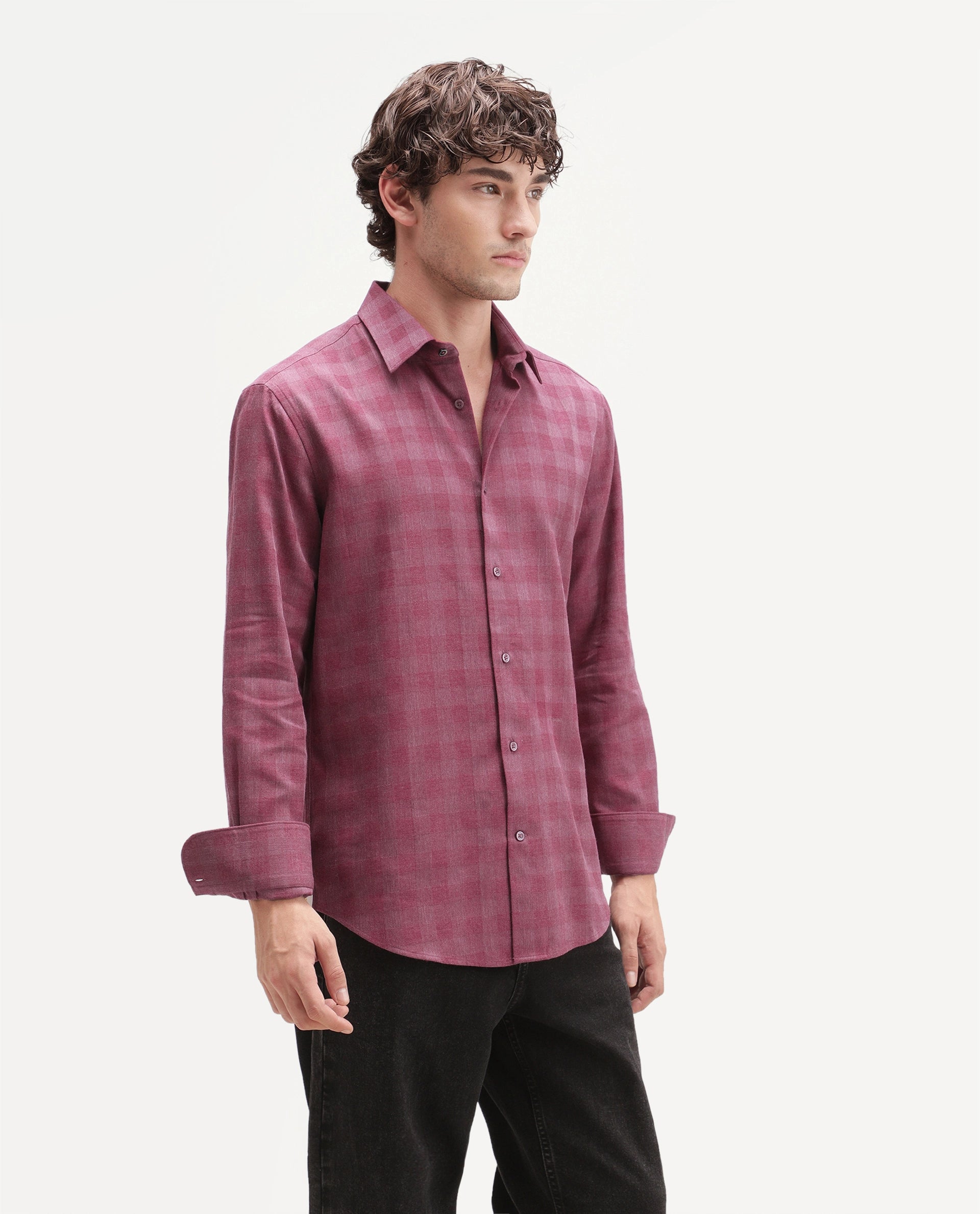 Rare Rabbit Men's Theo Pastel Red Cotton Blend Spread Collar Button Regular Checked Shirt