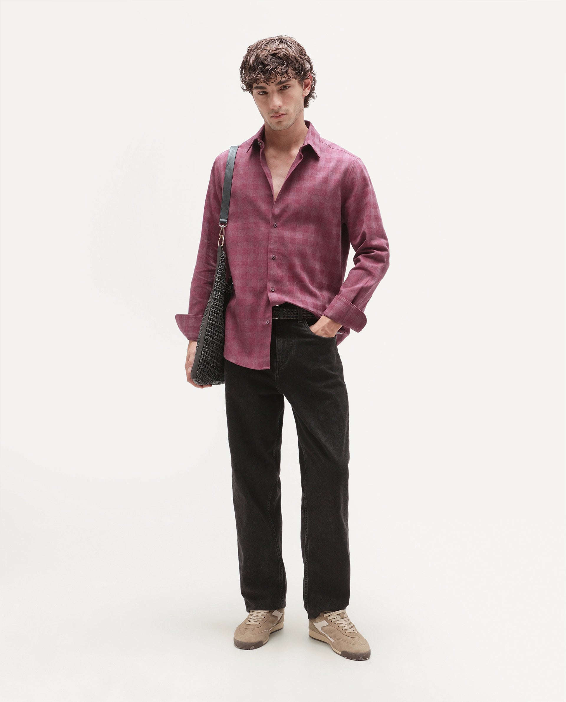 Rare Rabbit Men's Theo Pastel Red Cotton Blend Spread Collar Button Regular Checked Shirt
