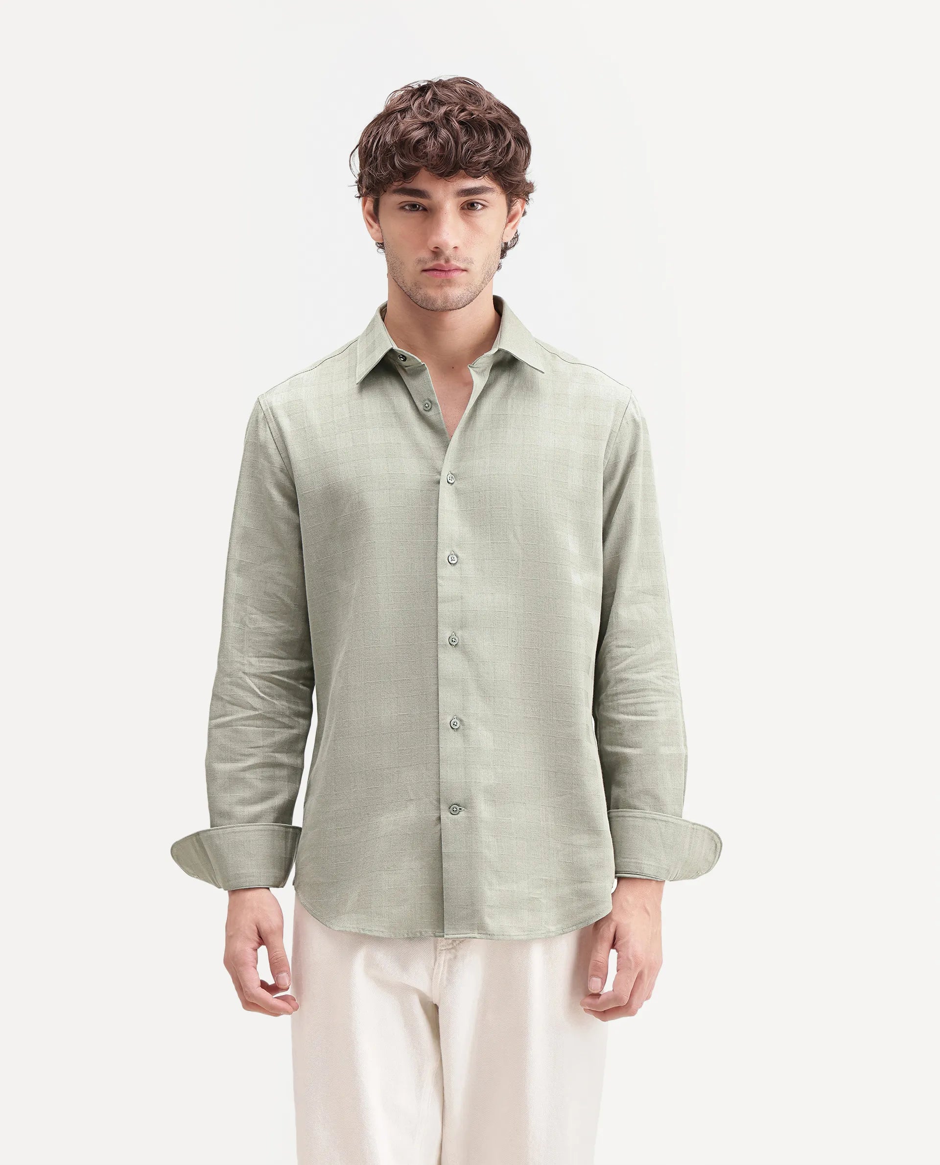 Rare Rabbit Men's Theo Pastel Green Cotton Blend Spread Collar Button Regular Checked Shirt