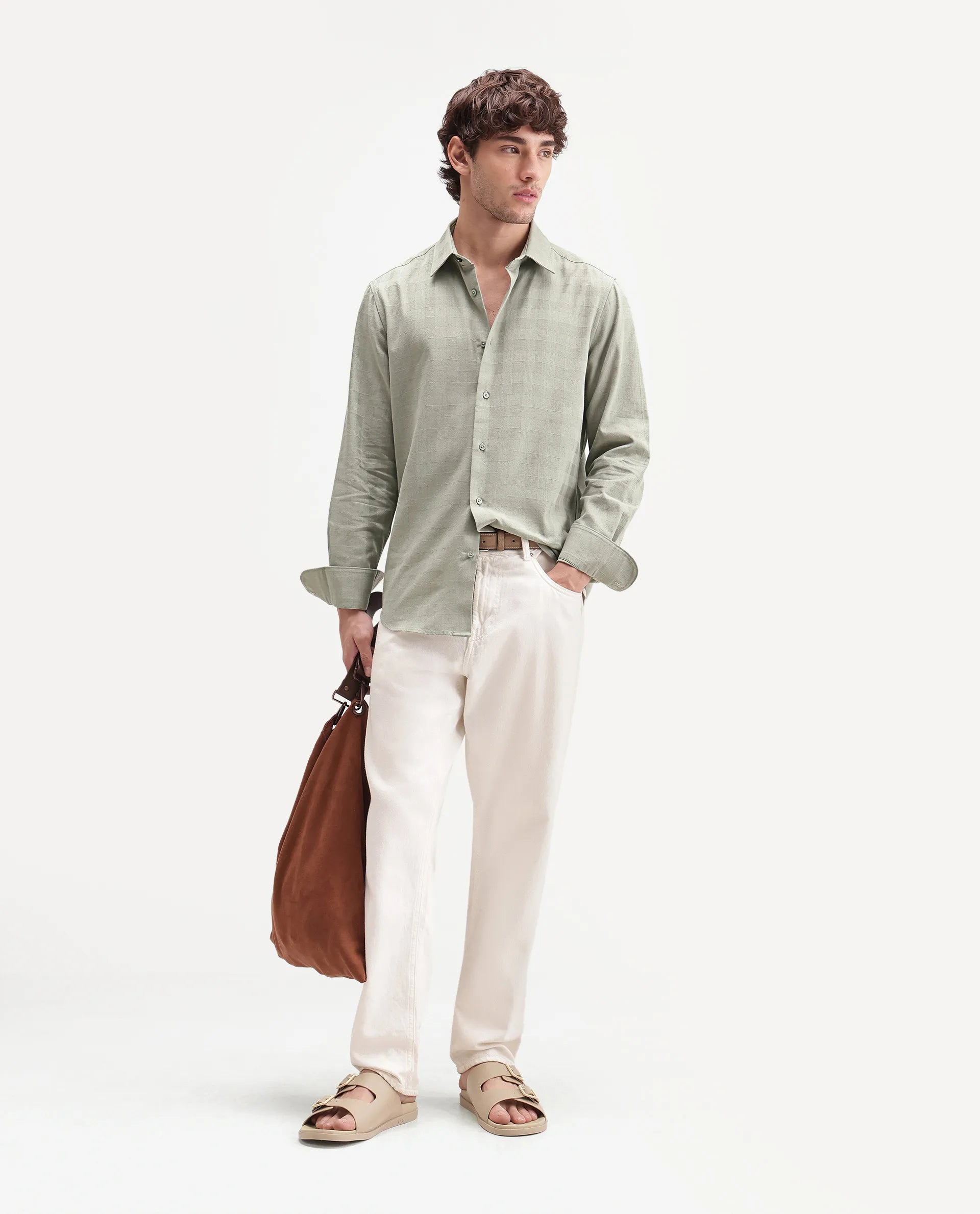 Rare Rabbit Men's Theo Pastel Green Cotton Blend Spread Collar Button Regular Checked Shirt