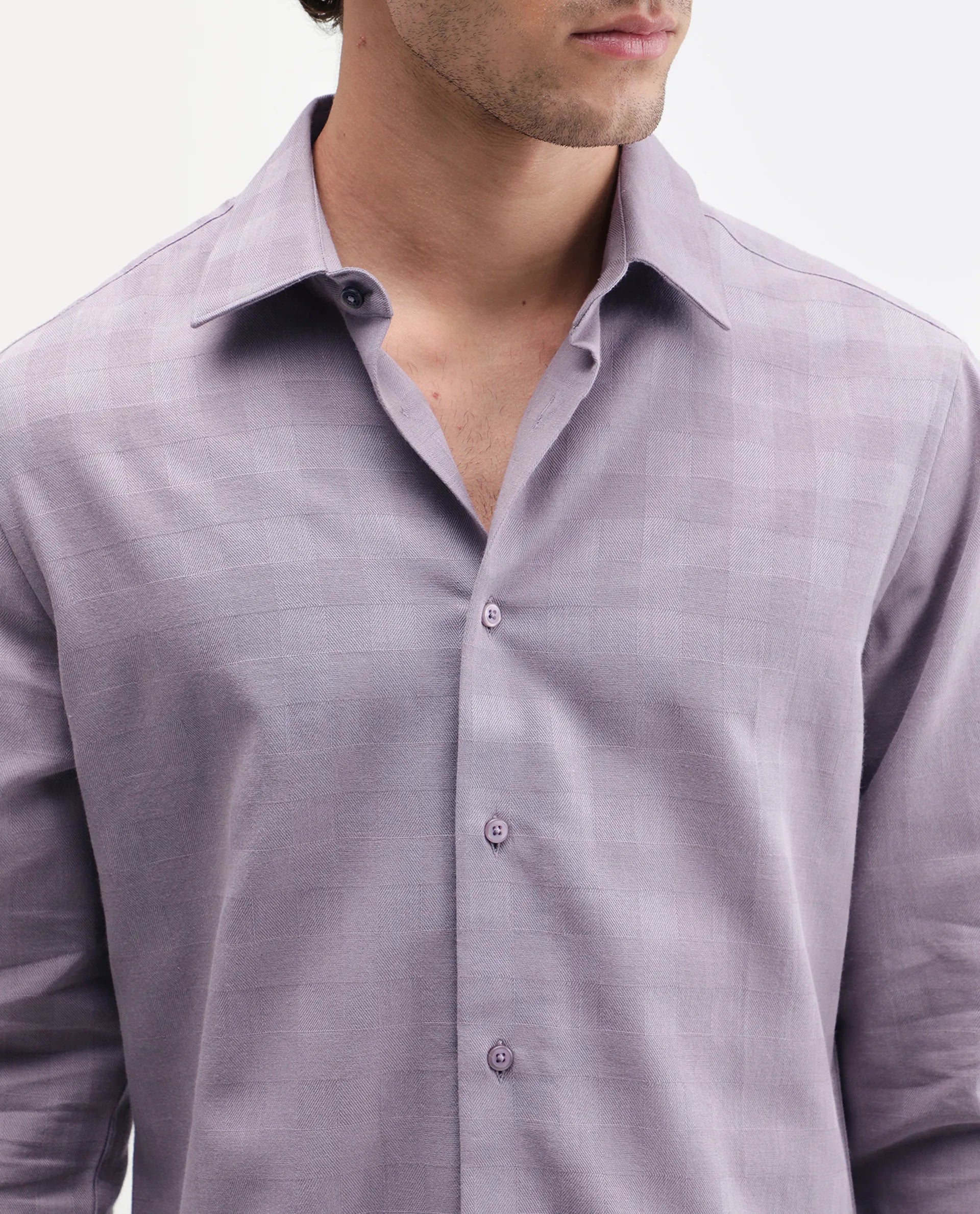 Rare Rabbit Men's Theo Pastel Purple Cotton Blend Spread Collar Button Regular Checked Shirt