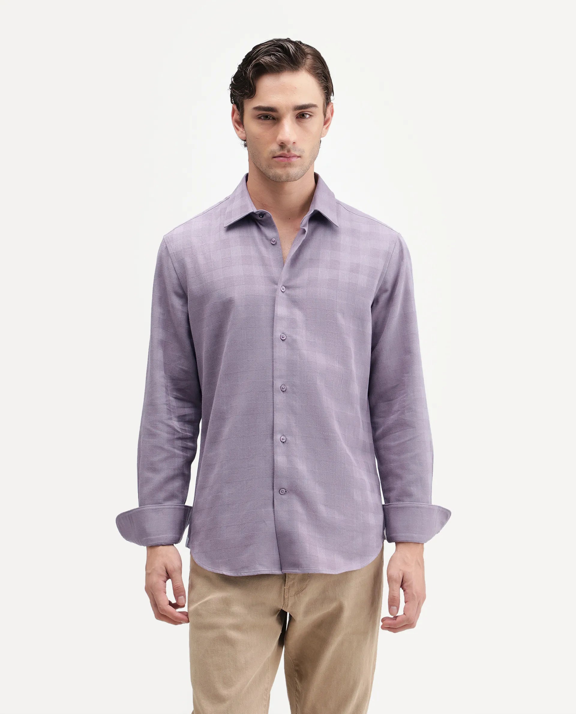 Rare Rabbit Men's Theo Pastel Purple Cotton Blend Spread Collar Button Regular Checked Shirt