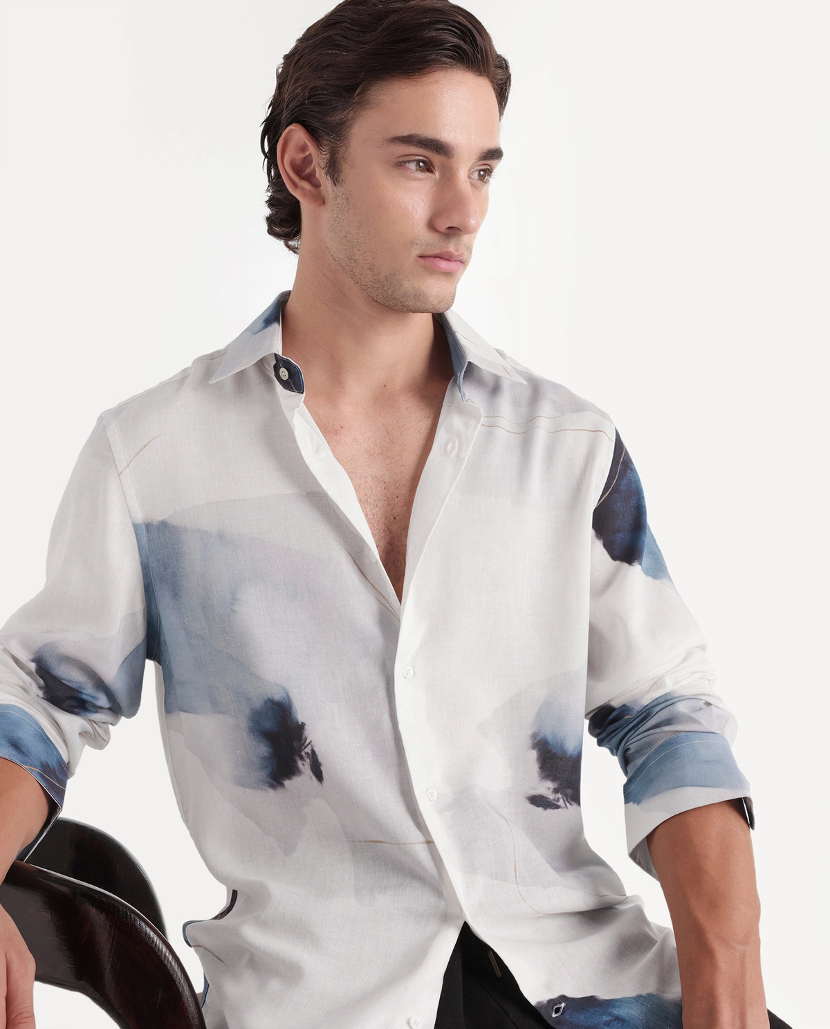 Rare Rabbit Men's Wert Primary White Linen Blend Spread Collar Button Regular Abstract Print Shirt
