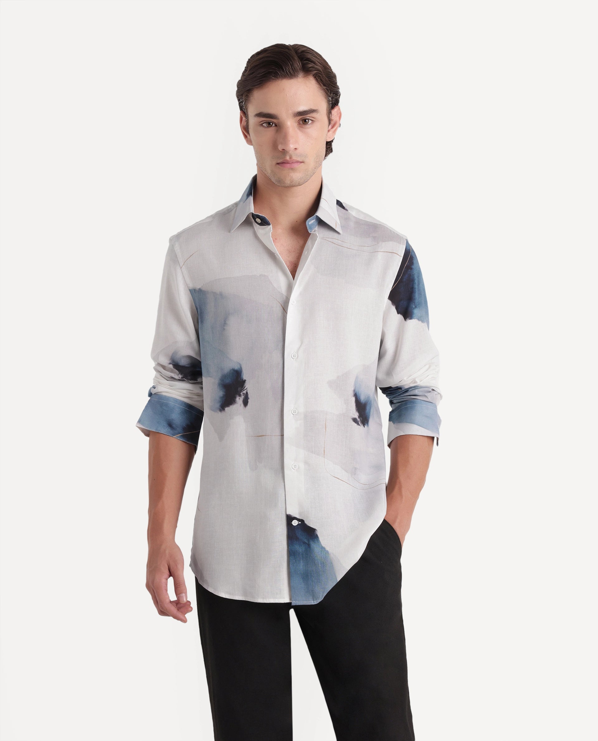Rare Rabbit Men's Wert Primary White Linen Blend Spread Collar Button Regular Abstract Print Shirt