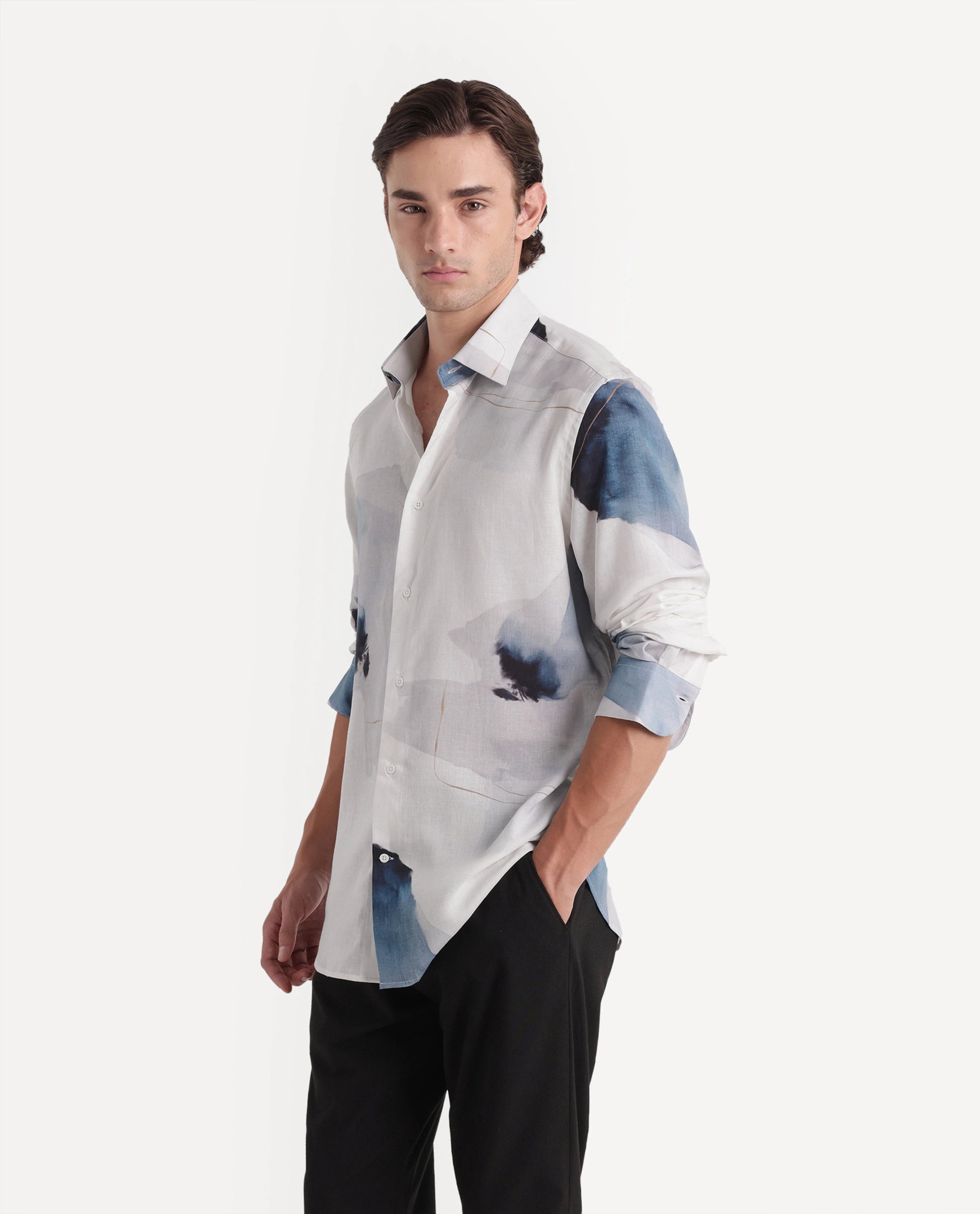 Rare Rabbit Men's Wert Primary White Linen Blend Spread Collar Button Regular Abstract Print Shirt