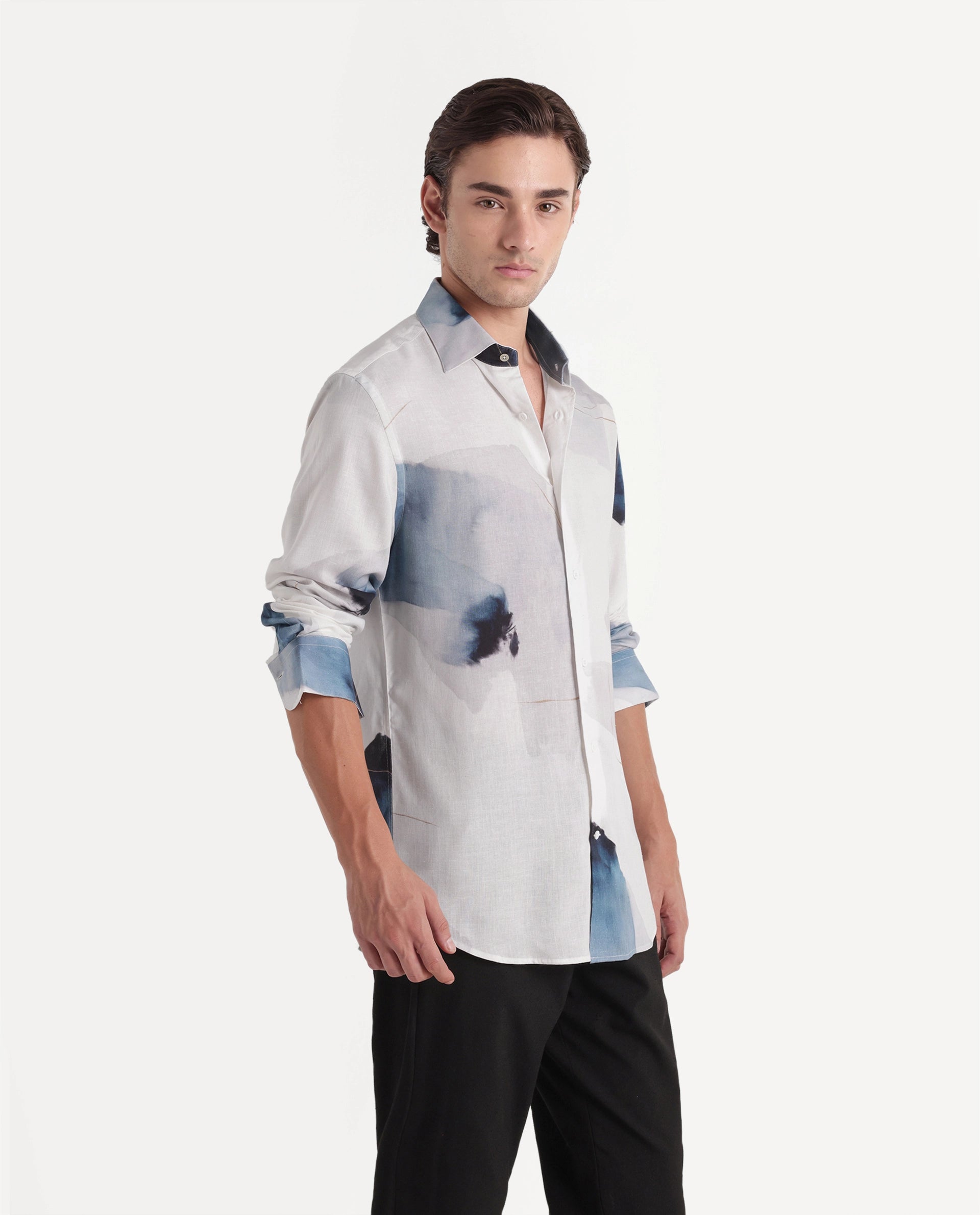 Rare Rabbit Men's Wert Primary White Linen Blend Spread Collar Button Regular Abstract Print Shirt