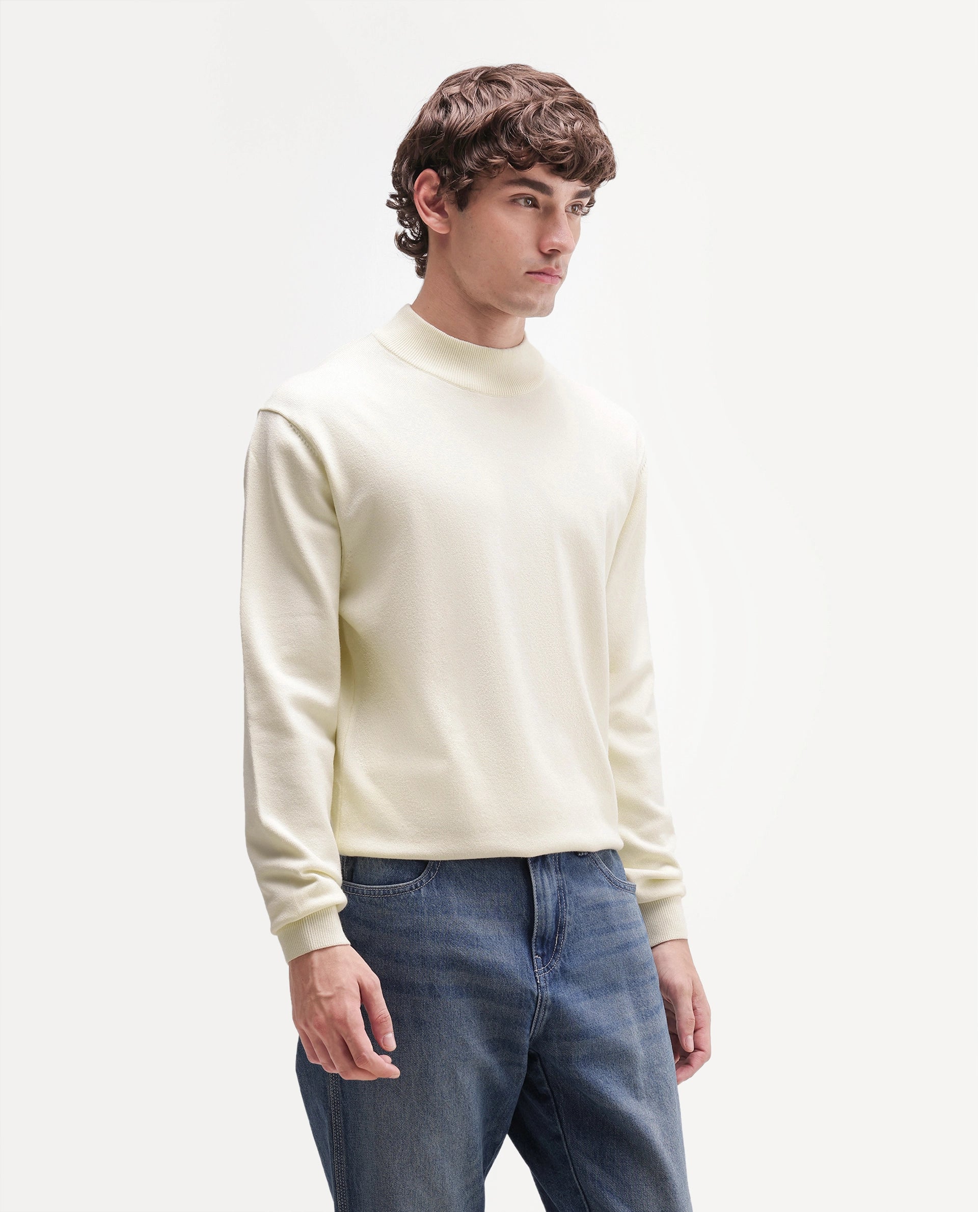 Rare Rabbit Men's Alvor Off White Viscose Blend Regular Fit Plain Sweater