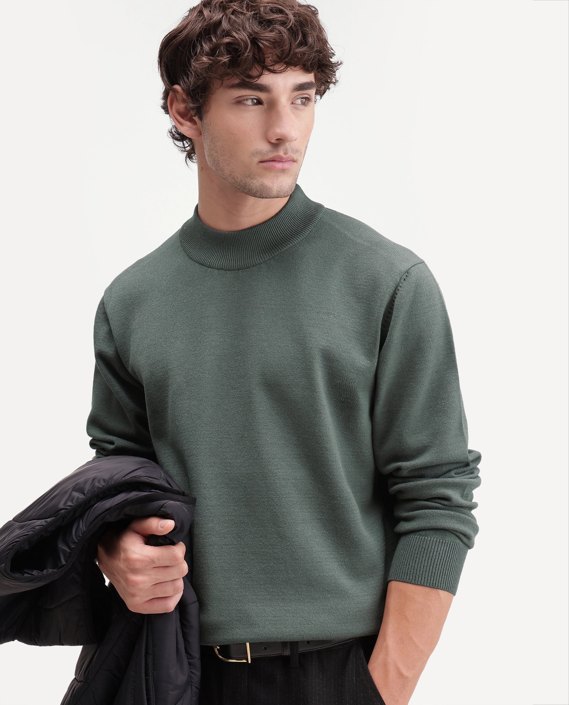 Rare Rabbit Men's Alvor Dusky Green Viscose Blend Regular Fit Plain Sweater