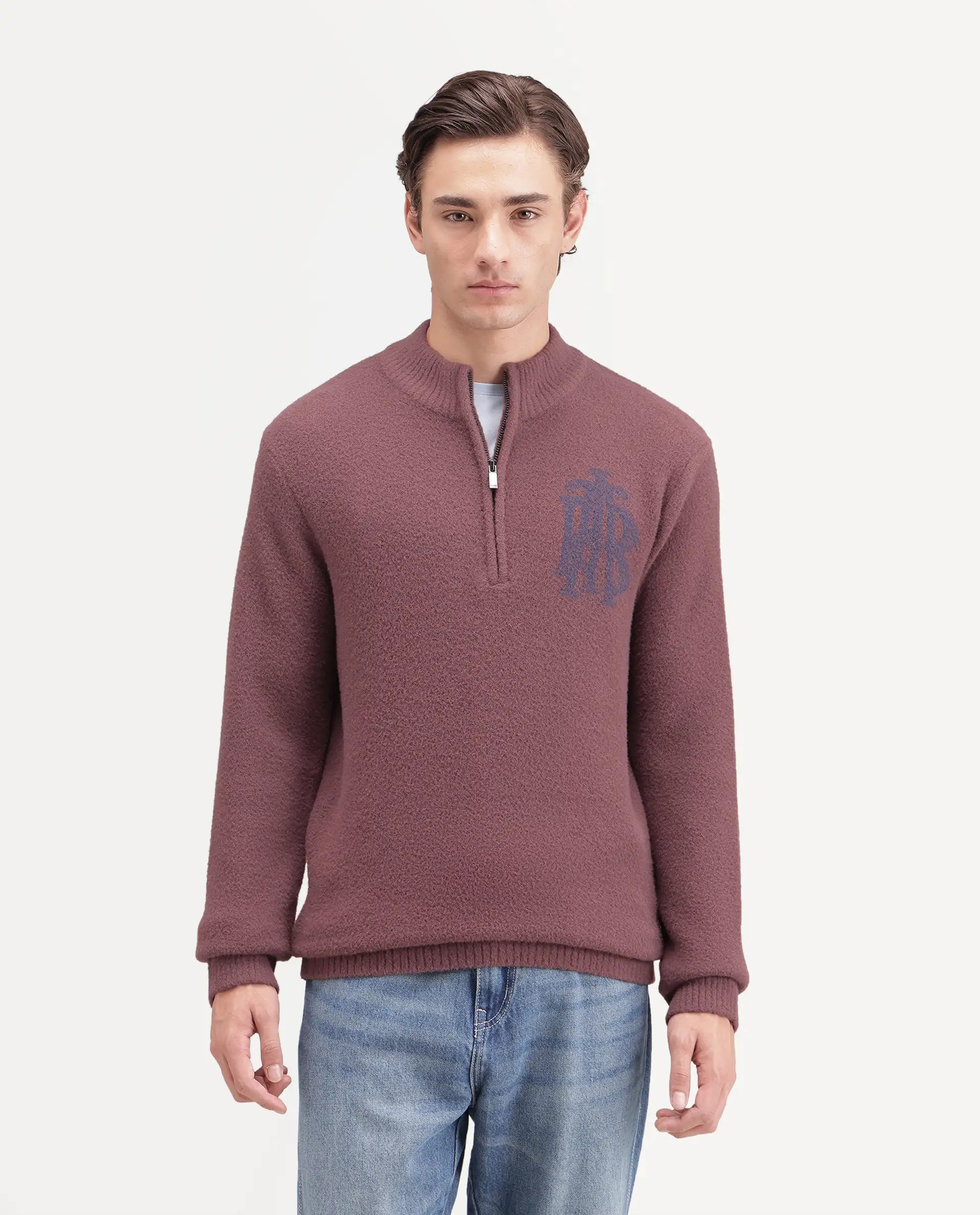 Rare Rabbit Men's Luca-A26 Dusky Pink Nylon Zipper Regular Fit Printed Sweater