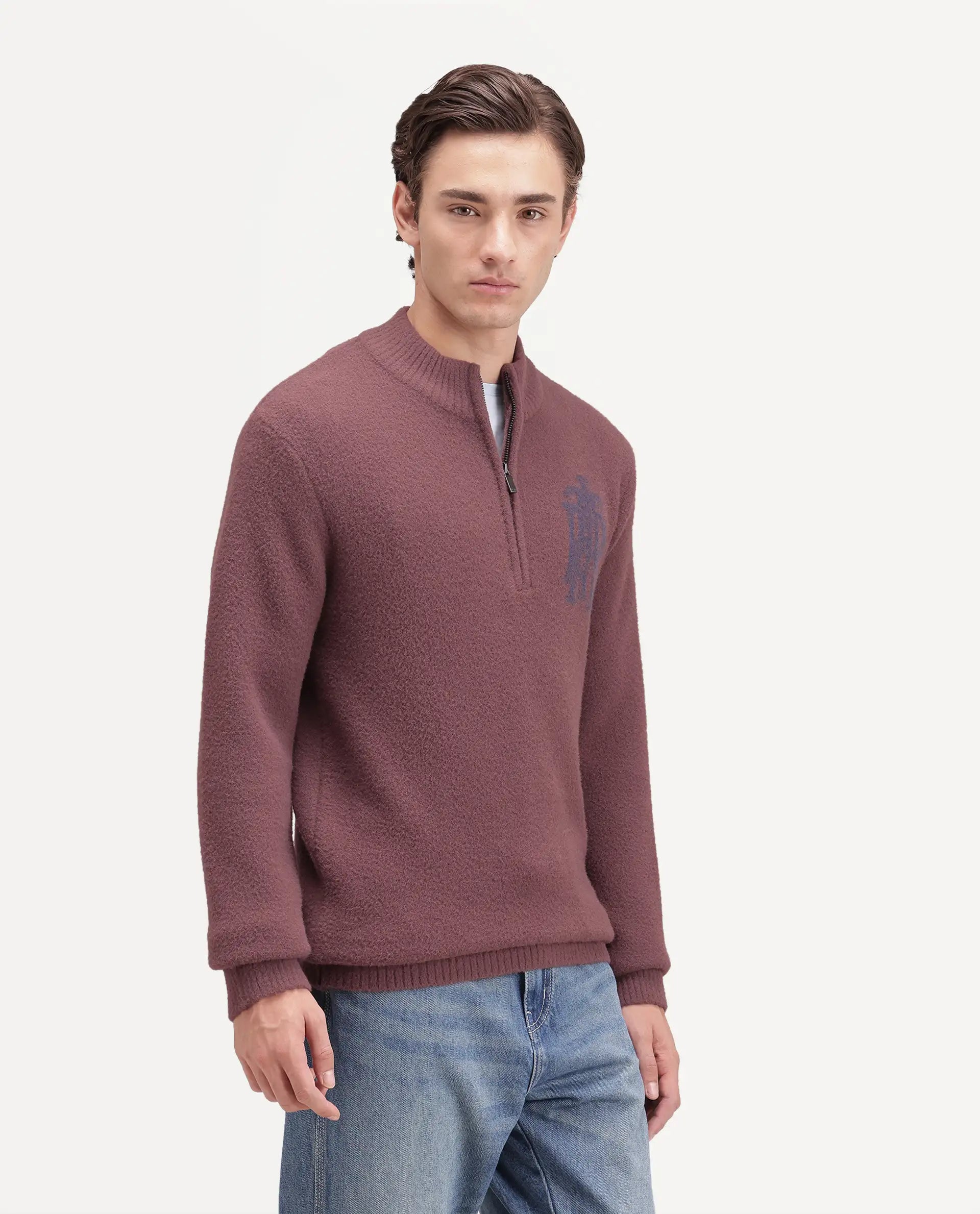 Rare Rabbit Men's Luca-A26 Dusky Pink Nylon Zipper Regular Fit Printed Sweater