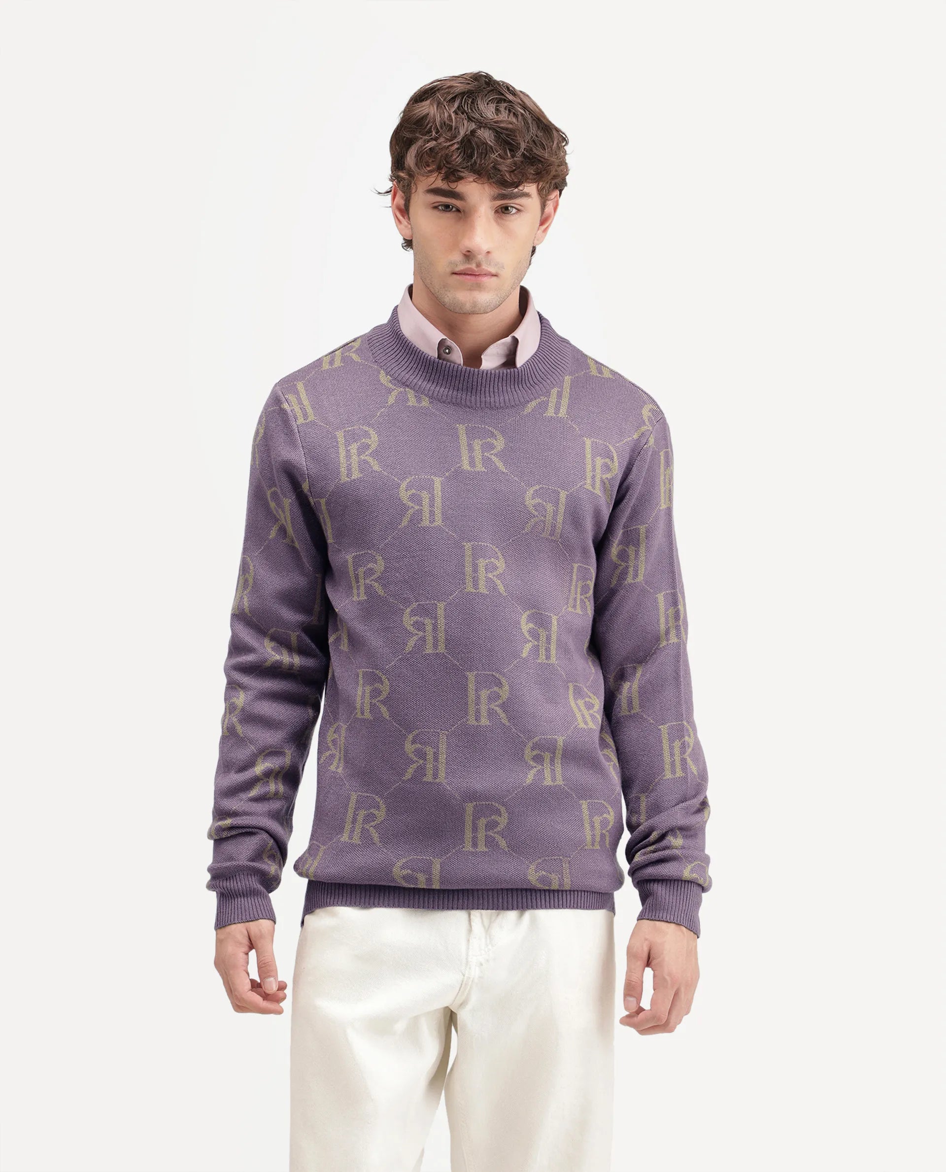 Rare Rabbit Men's Poston Dusky Purple Cotton Blend Regular Fit Monogram Print Sweater