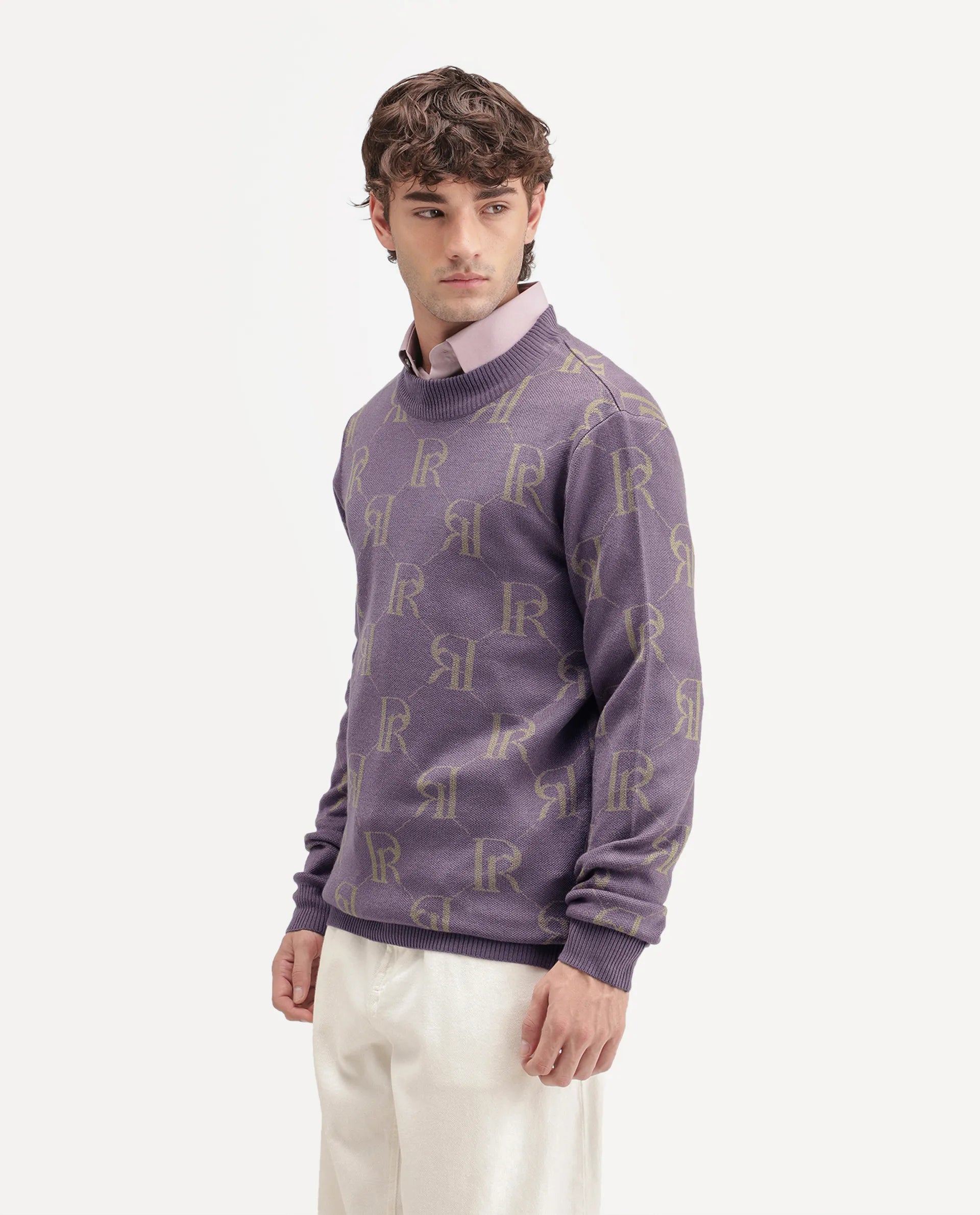 Rare Rabbit Men's Poston Dusky Purple Cotton Blend Regular Fit Monogram Print Sweater