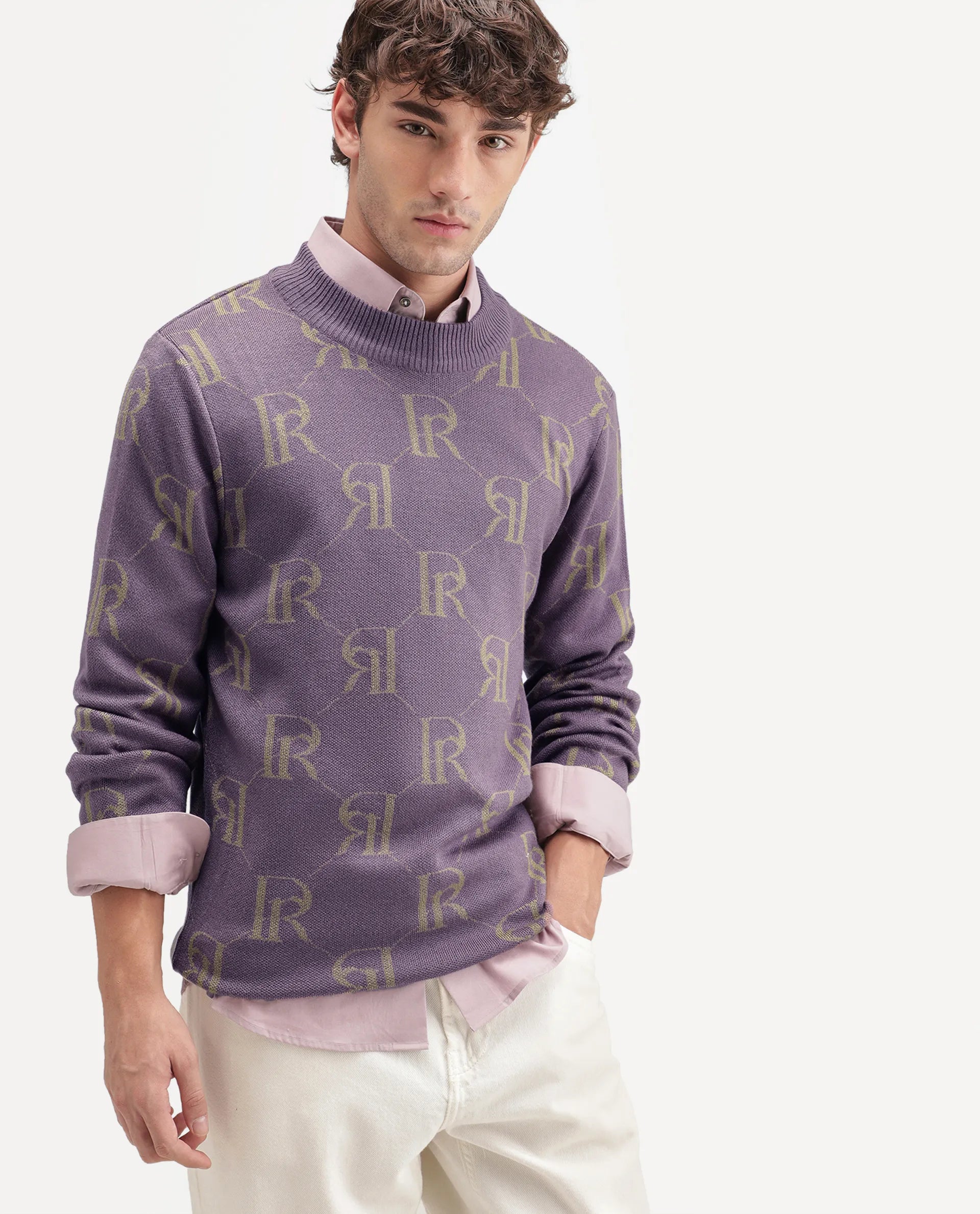 Rare Rabbit Men's Poston Dusky Purple Cotton Blend Regular Fit Monogram Print Sweater