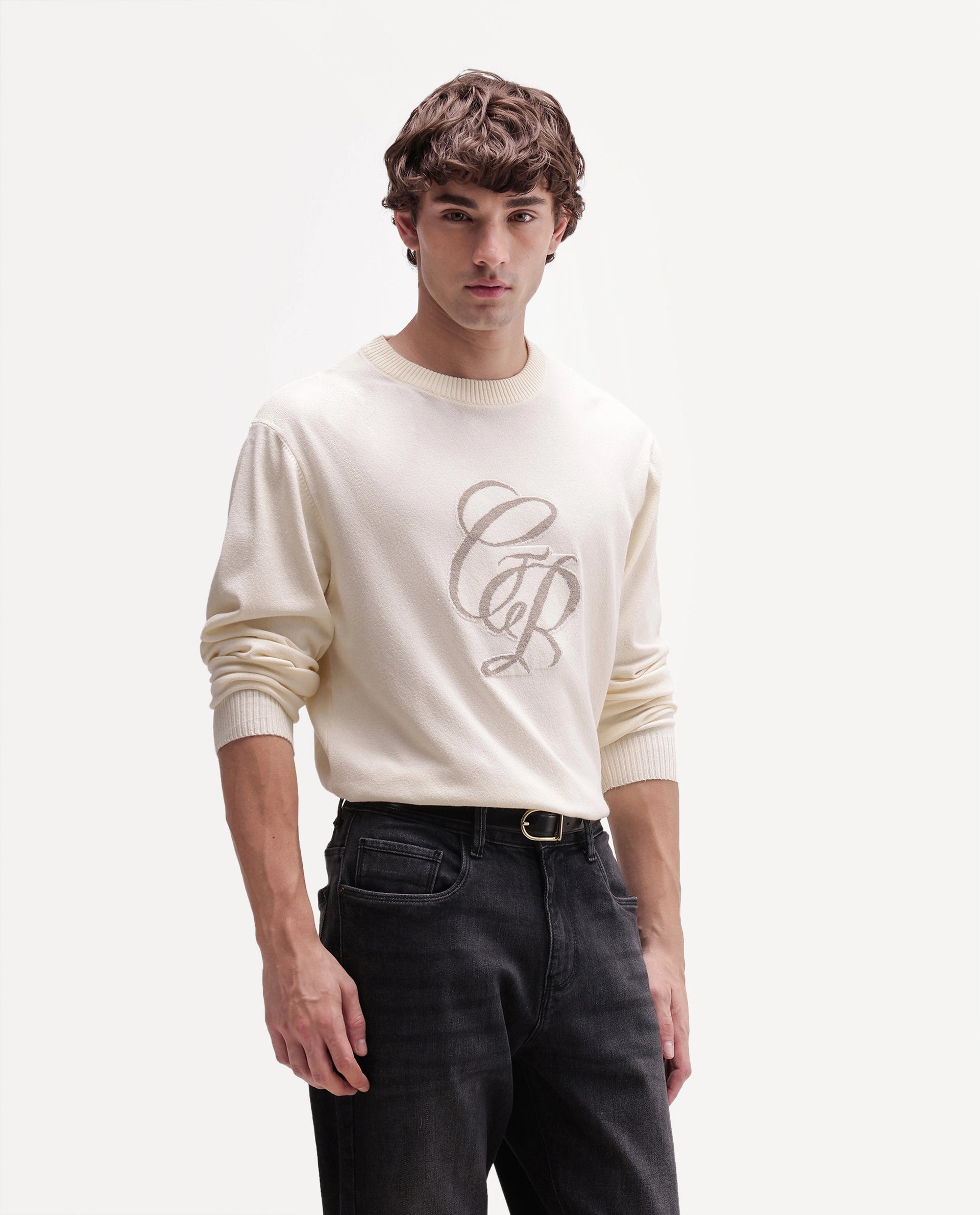 Rare Rabbit Men's Gron-A26 Off White Viscose Blend Regular Fit Viscose Blend Jacquard Sweater