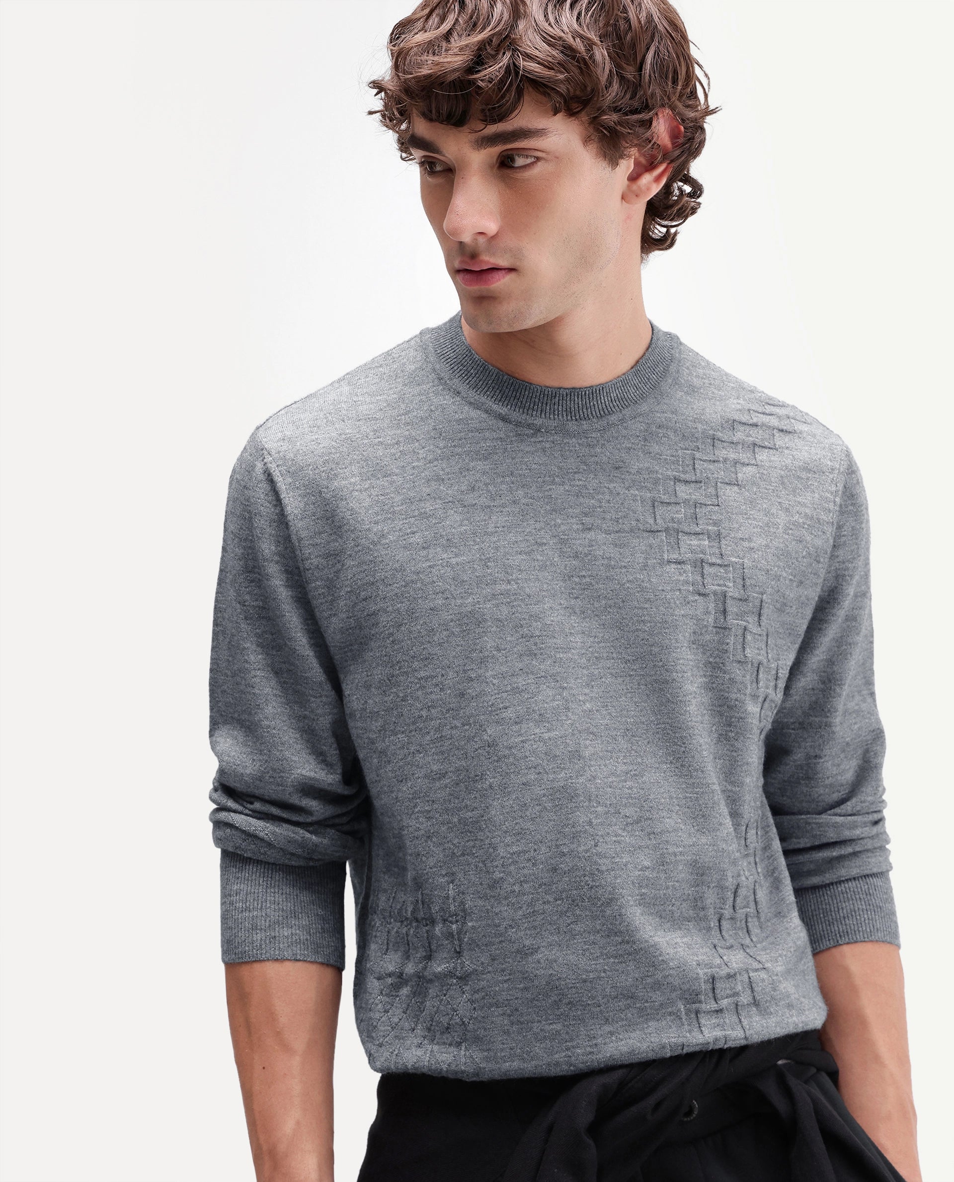 Rare Rabbit Men's Verk Grey Viscose Blend Regular Fit Jacquard Sweater