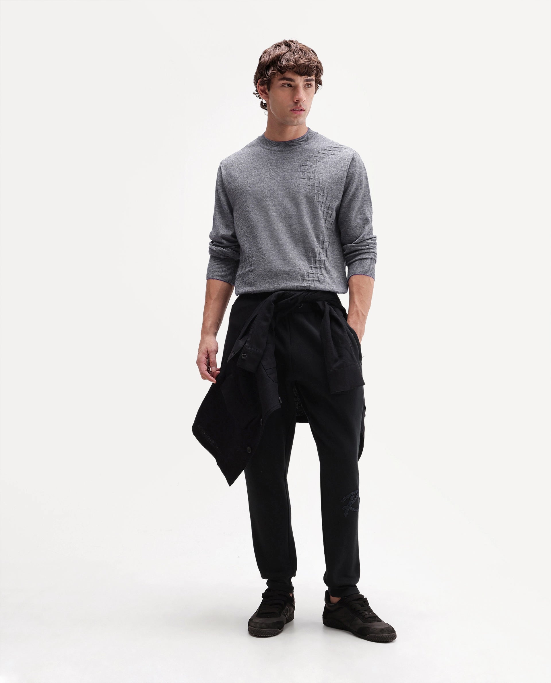 Rare Rabbit Men's Verk Grey Viscose Blend Regular Fit Jacquard Sweater