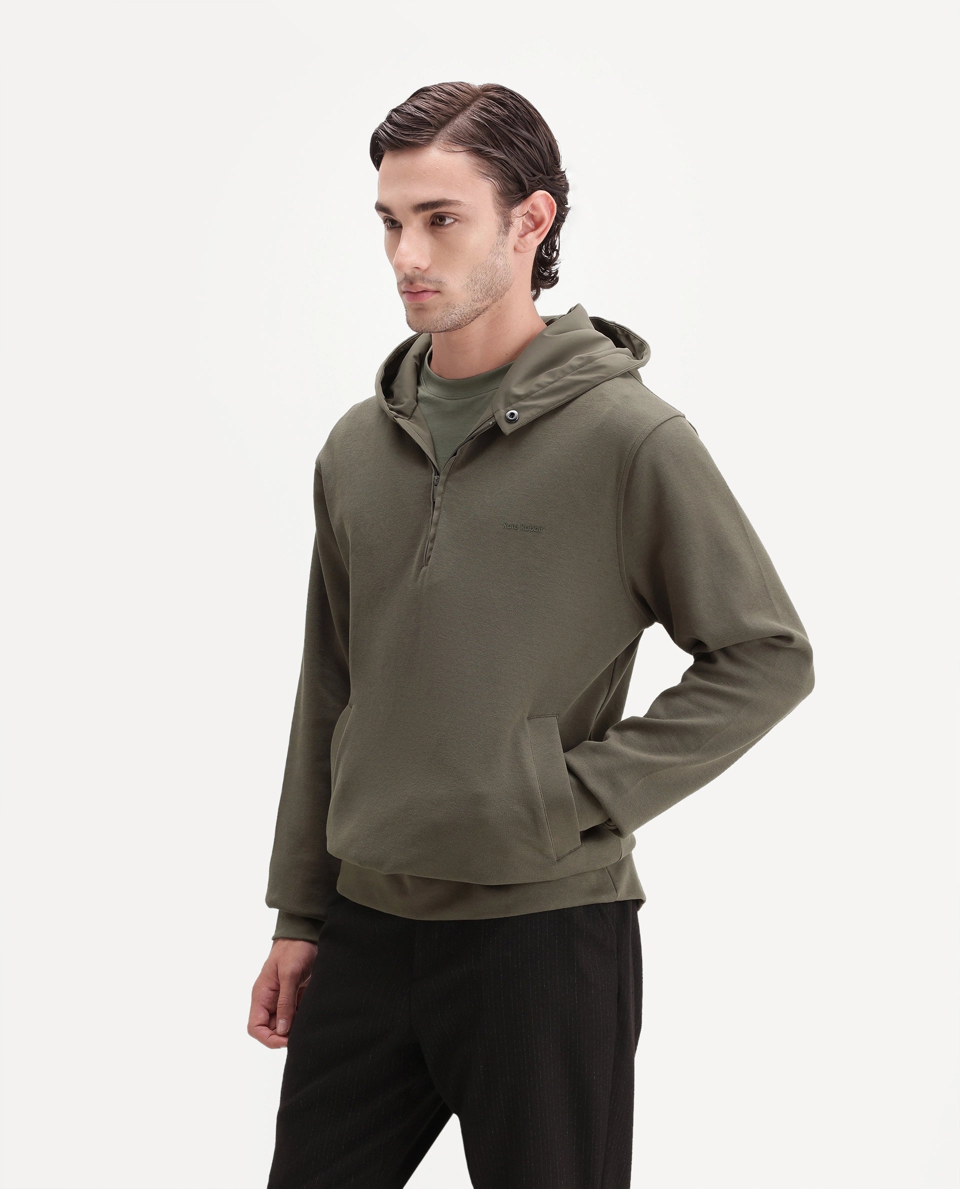 Rare Rabbit Men's Ephin-A26 Dusky Olive Cotton Blend Hooded Zipper Regular Plain Sweatshirt