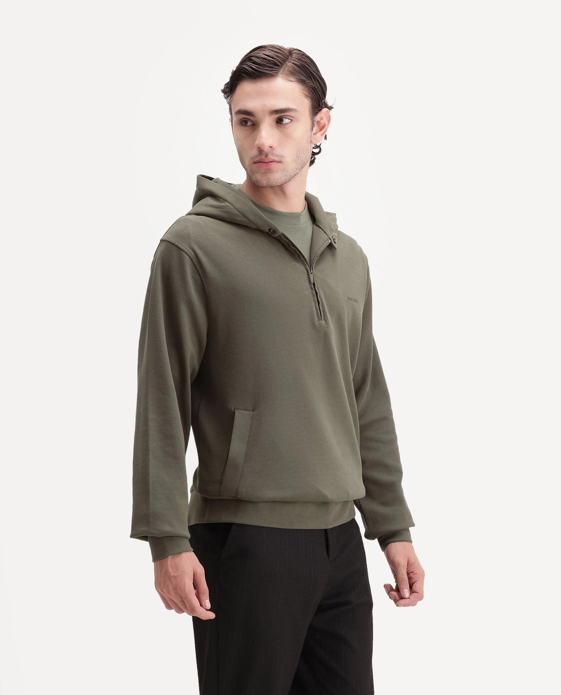Rare Rabbit Men's Ephin-A26 Dusky Olive Cotton Blend Hooded Zipper Regular Plain Sweatshirt