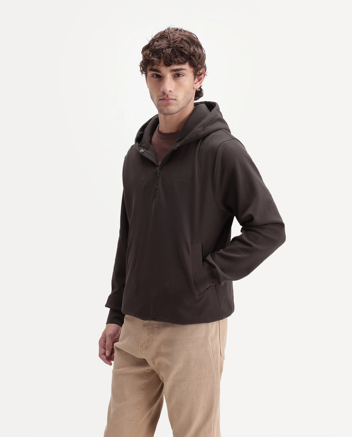 Rare Rabbit Men's Ephin-A26 Dark Brown Cotton Blend Hooded Zipper Regular Plain Sweatshirt