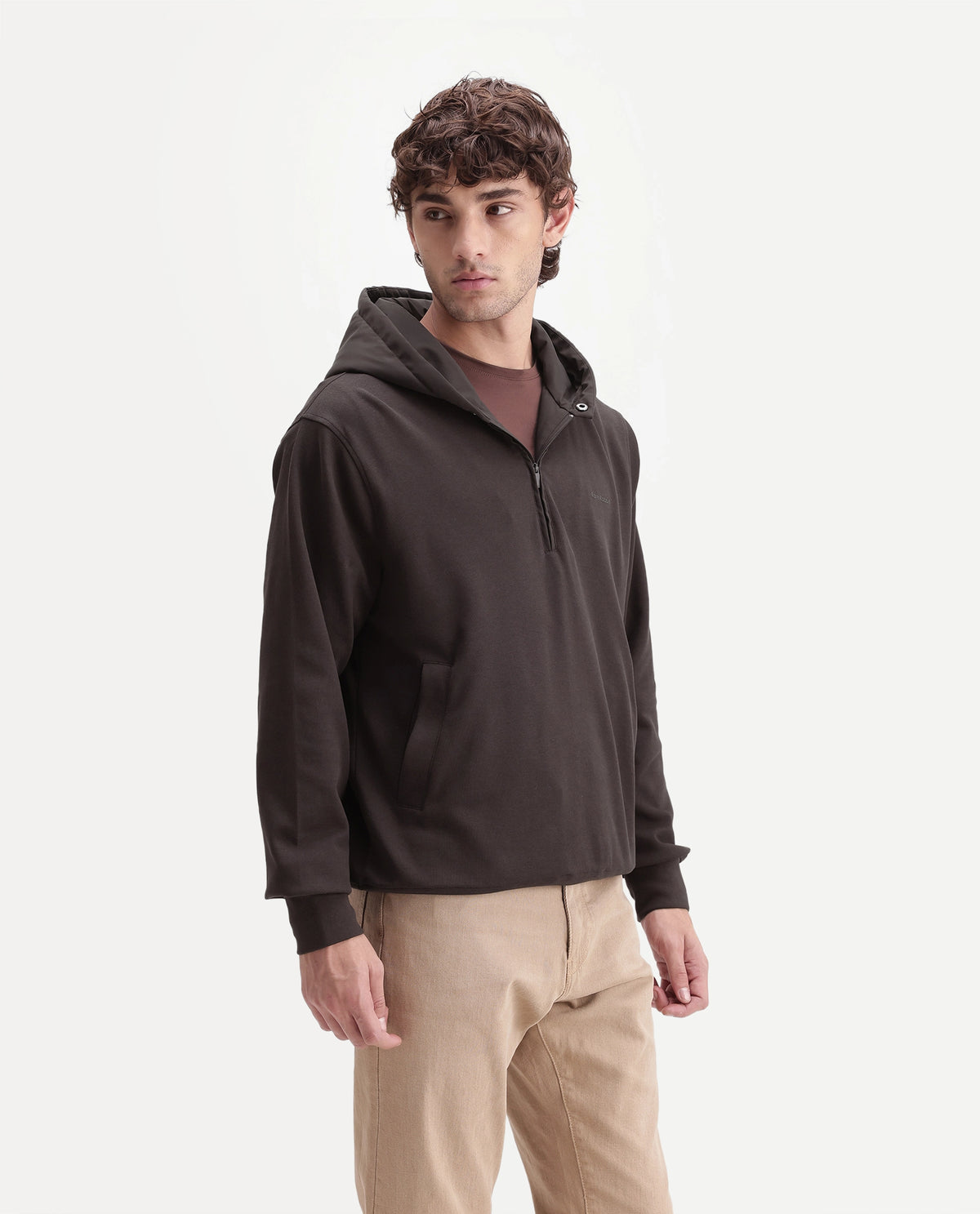 Rare Rabbit Men's Ephin-A26 Dark Brown Cotton Blend Hooded Zipper Regular Plain Sweatshirt