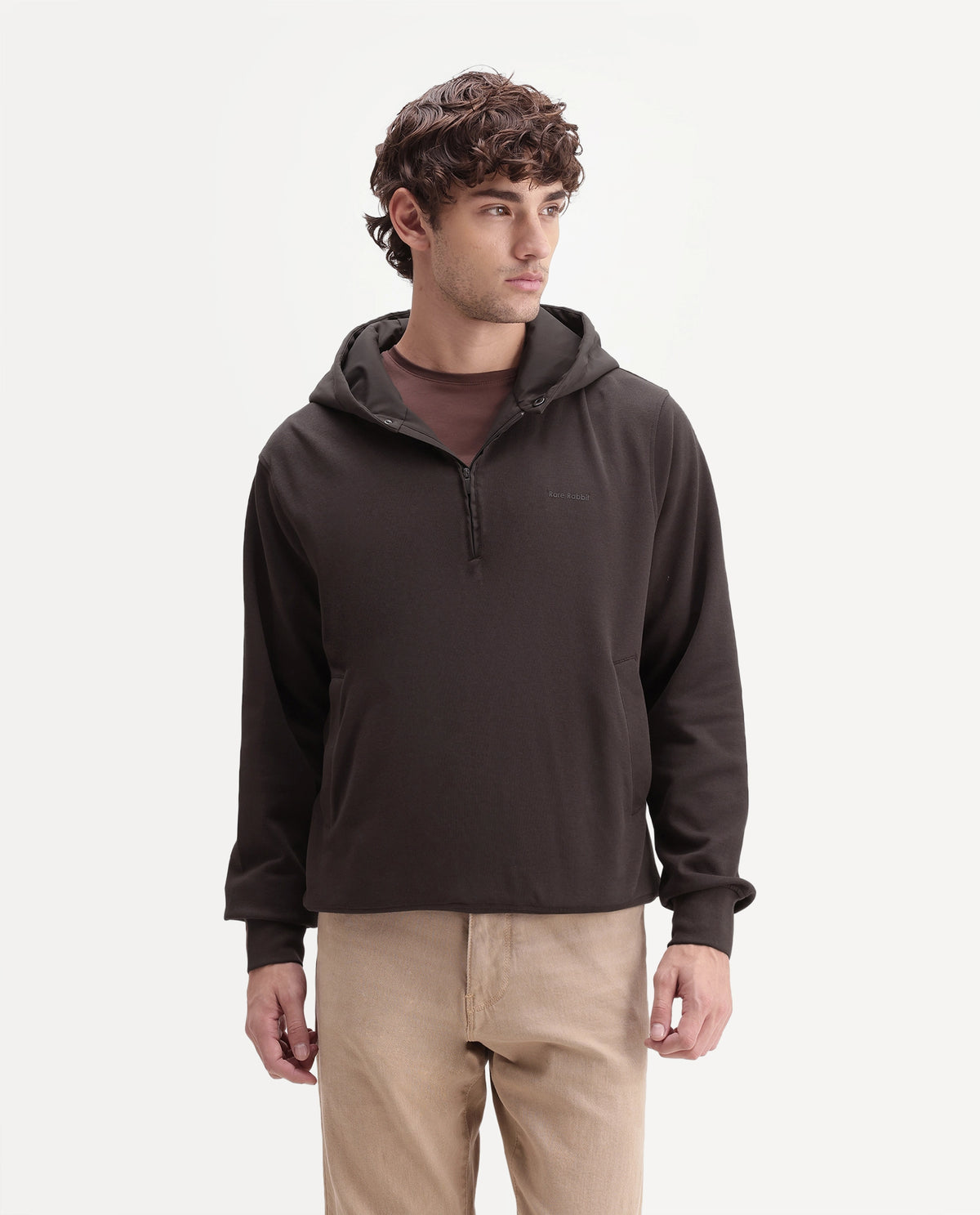 Rare Rabbit Men's Ephin-A26 Dark Brown Cotton Blend Hooded Zipper Regular Plain Sweatshirt