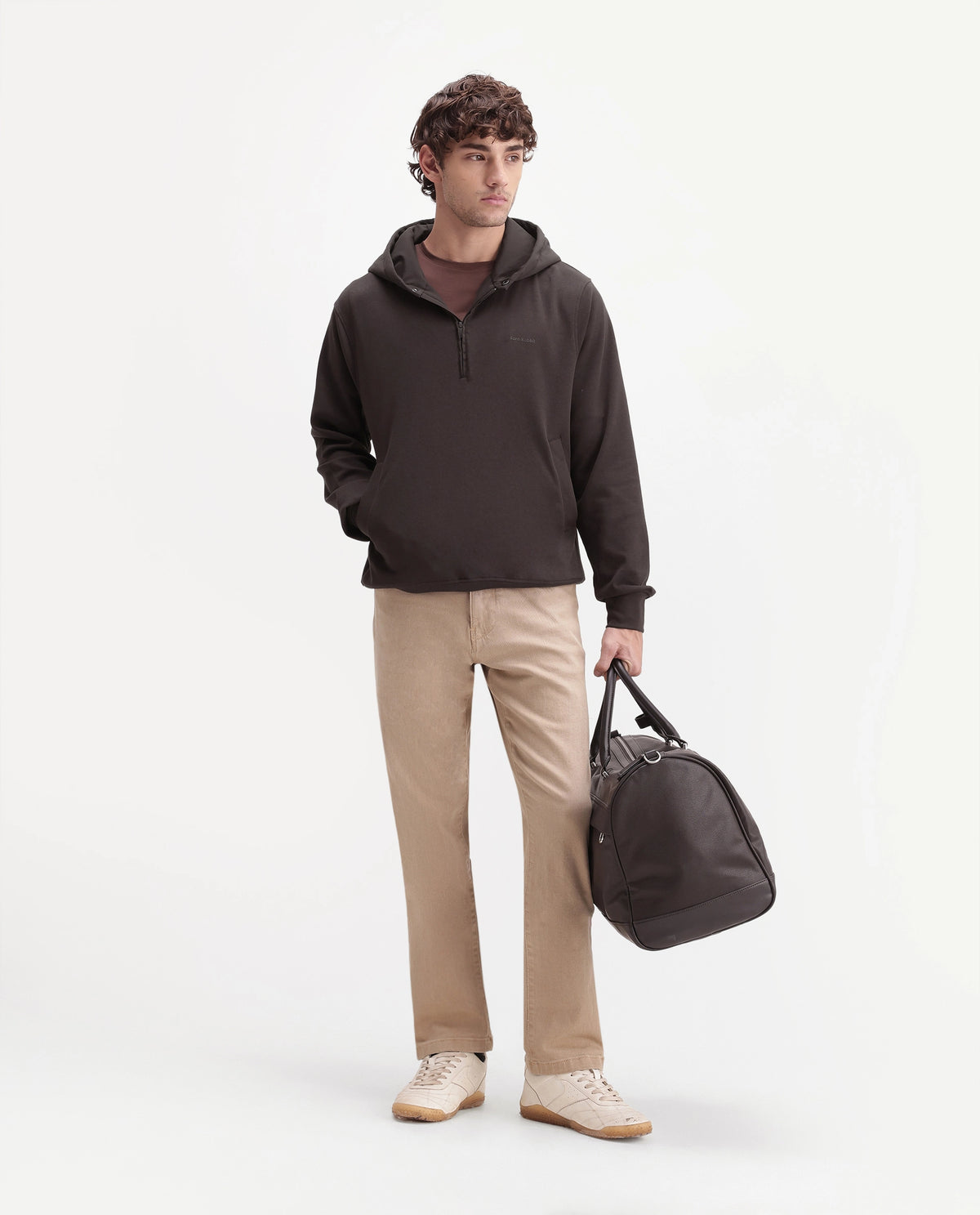 Rare Rabbit Men's Ephin-A26 Dark Brown Cotton Blend Hooded Zipper Regular Plain Sweatshirt