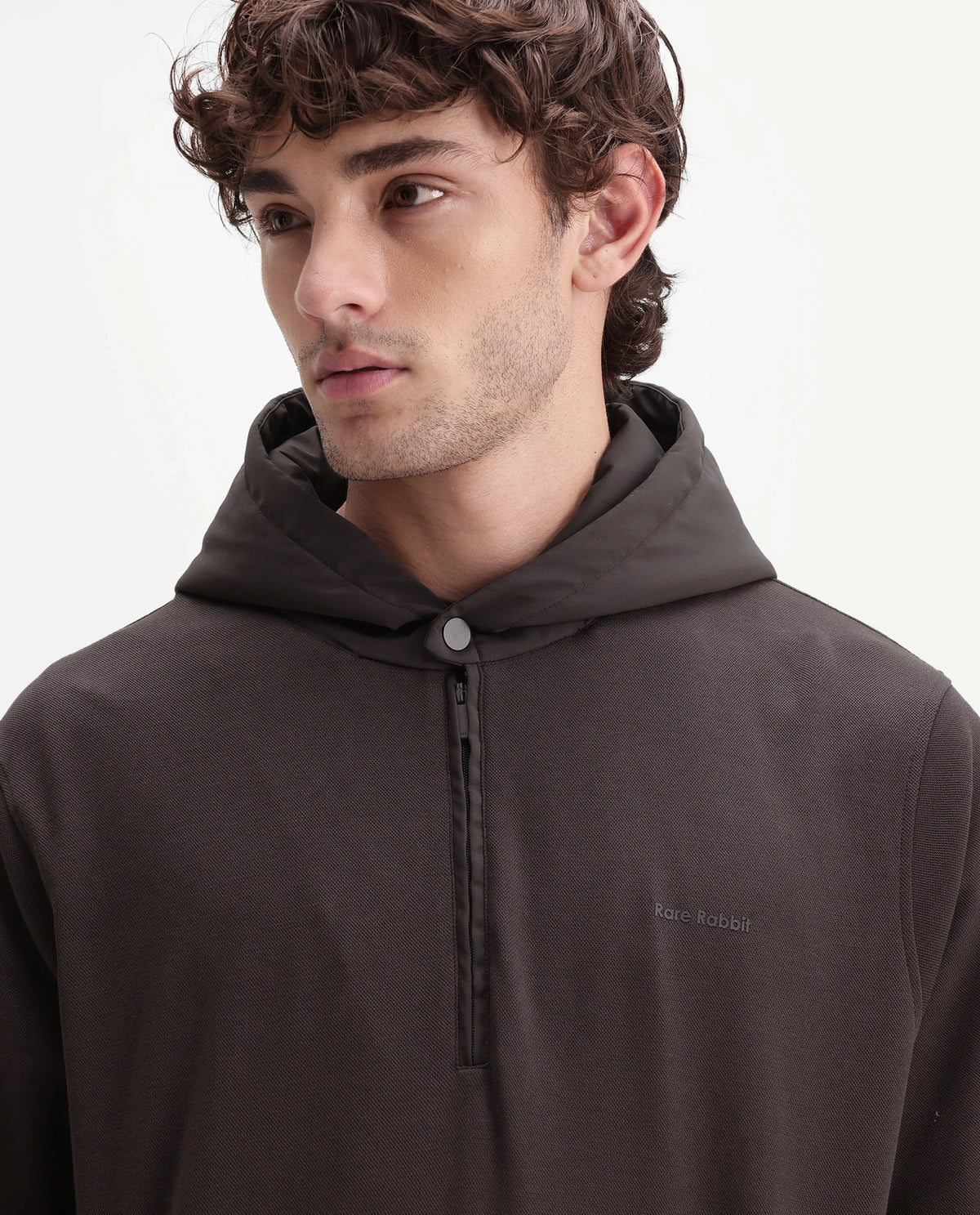Rare Rabbit Men's Ephin-A26 Dark Brown Cotton Blend Hooded Zipper Regular Plain Sweatshirt