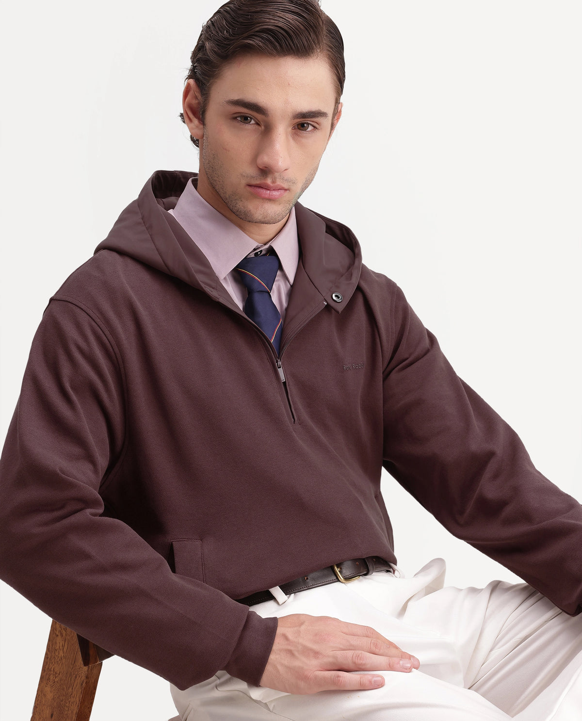 Rare Rabbit Men's Ephin-A26 Dark Red Cotton Blend Hooded Zipper Regular Plain Sweatshirt