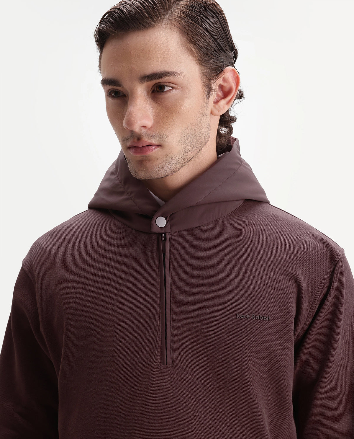 Rare Rabbit Men's Ephin-A26 Dark Red Cotton Blend Hooded Zipper Regular Plain Sweatshirt