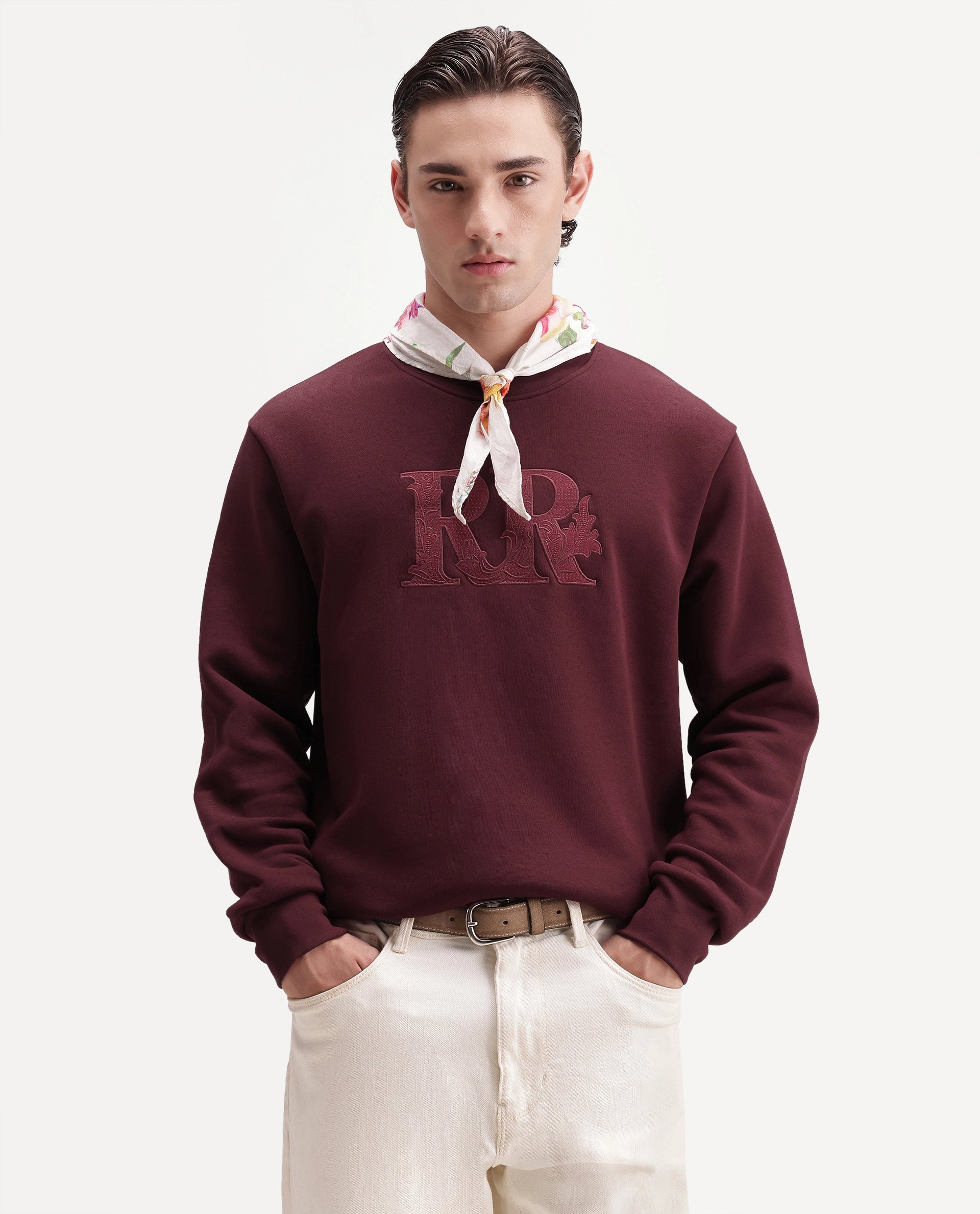 Rare Rabbit Men's Jonas Dark Maroon Cotton Blend Crew Neck Regular Embroidered Sweatshirt