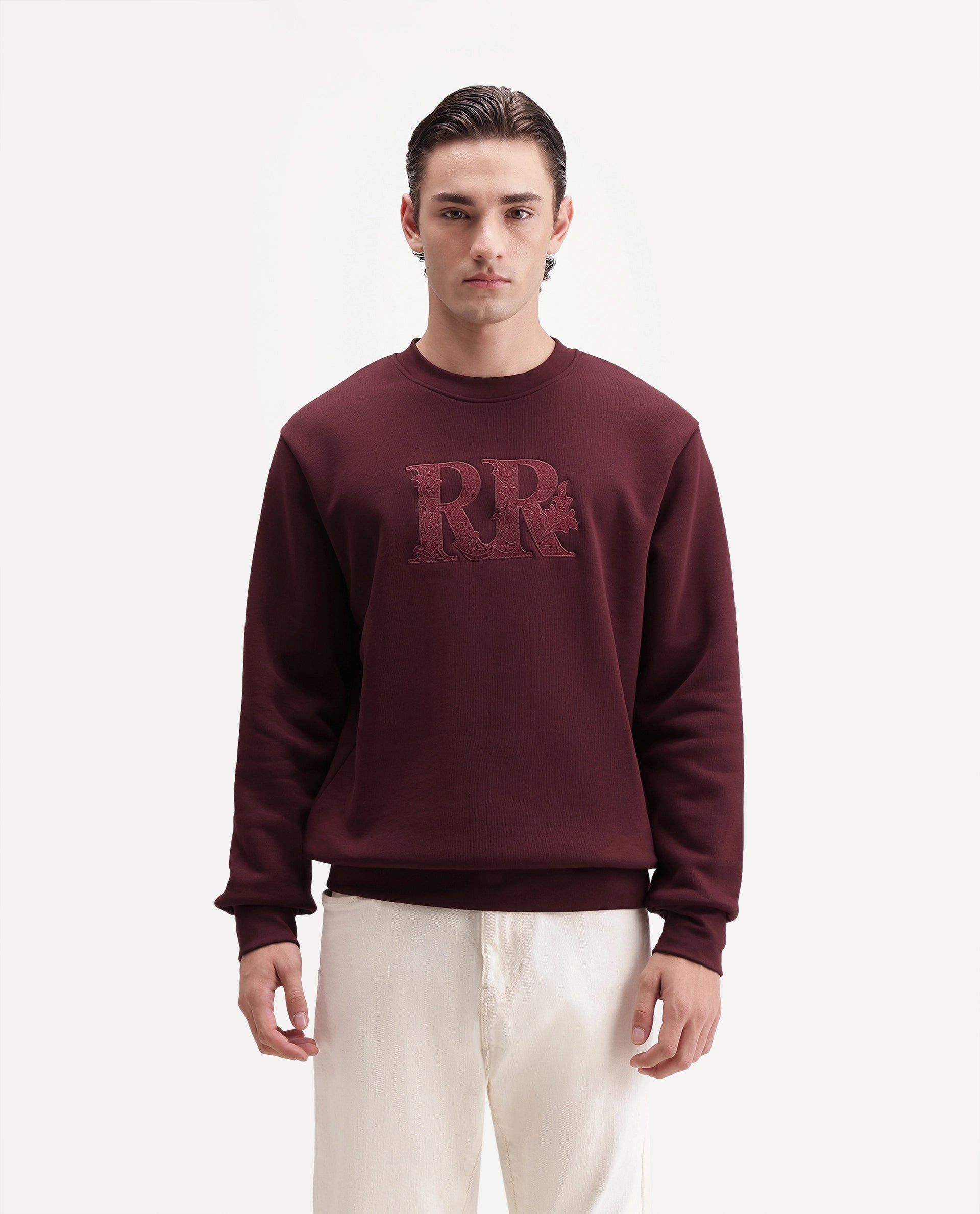 Rare Rabbit Men's Jonas Dark Maroon Cotton Blend Crew Neck Regular Embroidered Sweatshirt