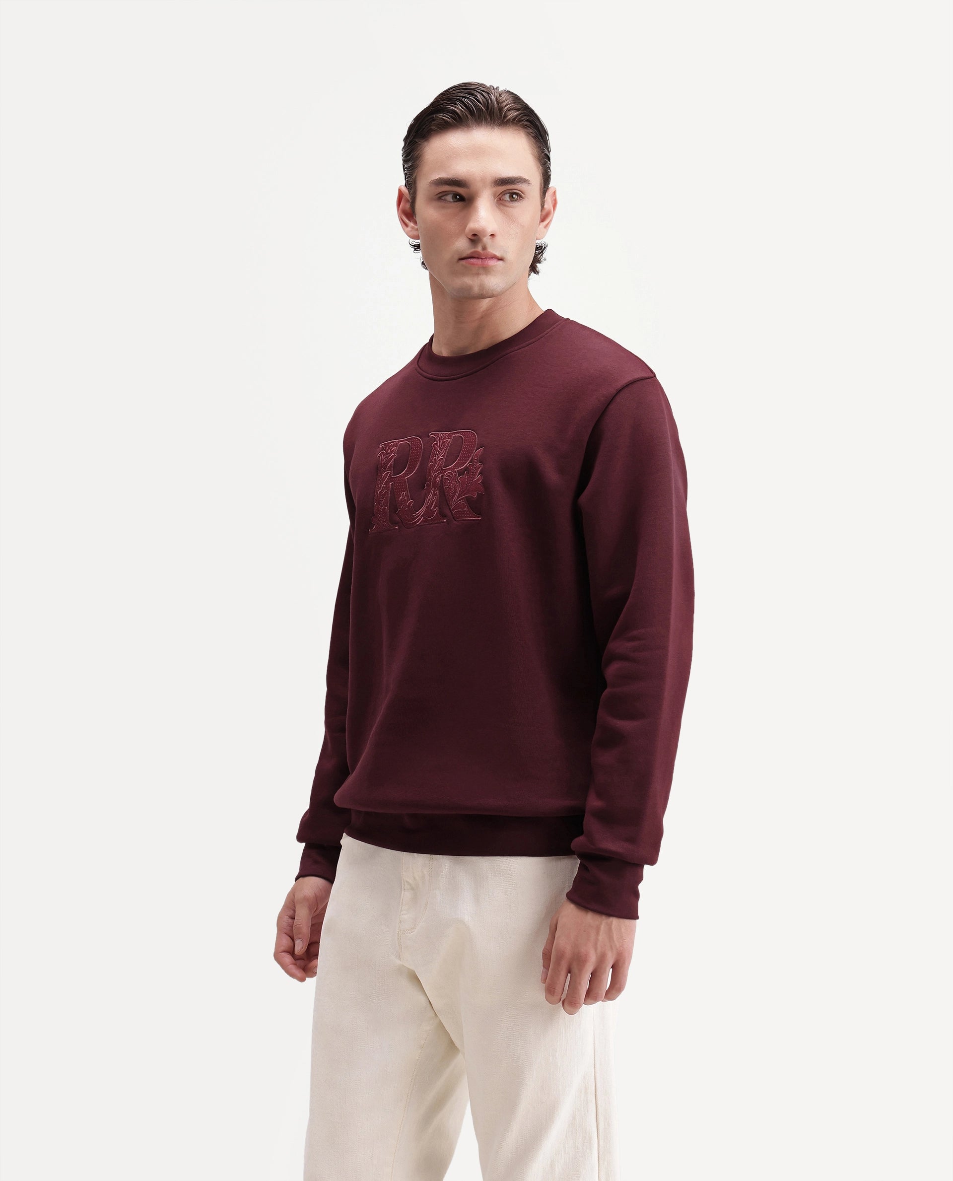 Rare Rabbit Men's Jonas Dark Maroon Cotton Blend Crew Neck Regular Embroidered Sweatshirt