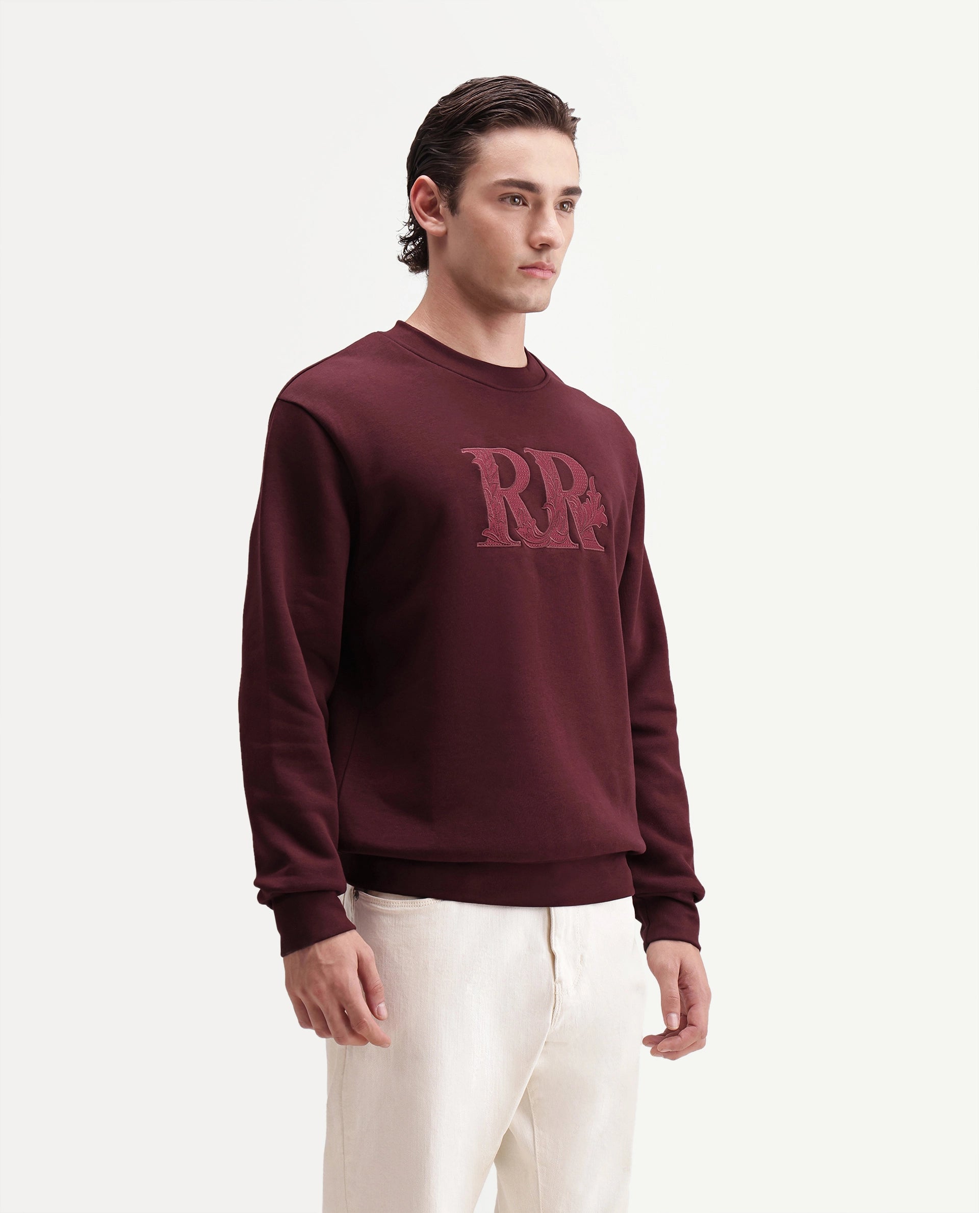 Rare Rabbit Men's Jonas Dark Maroon Cotton Blend Crew Neck Regular Embroidered Sweatshirt
