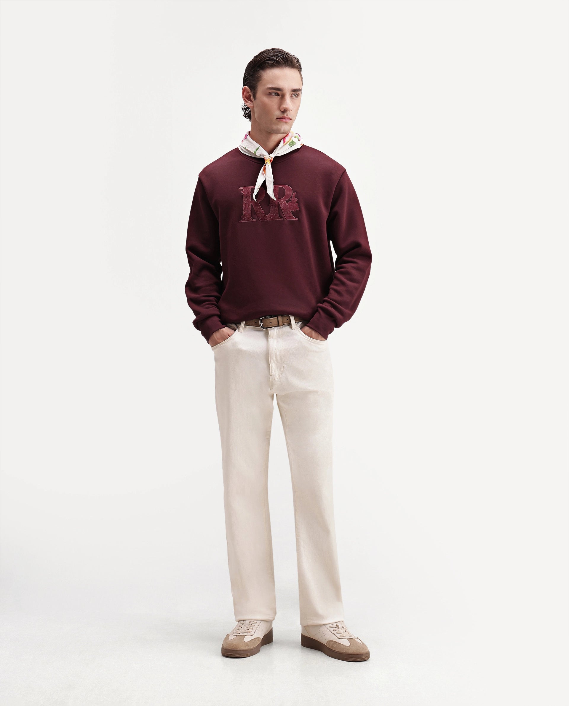 Rare Rabbit Men's Jonas Dark Maroon Cotton Blend Crew Neck Regular Embroidered Sweatshirt