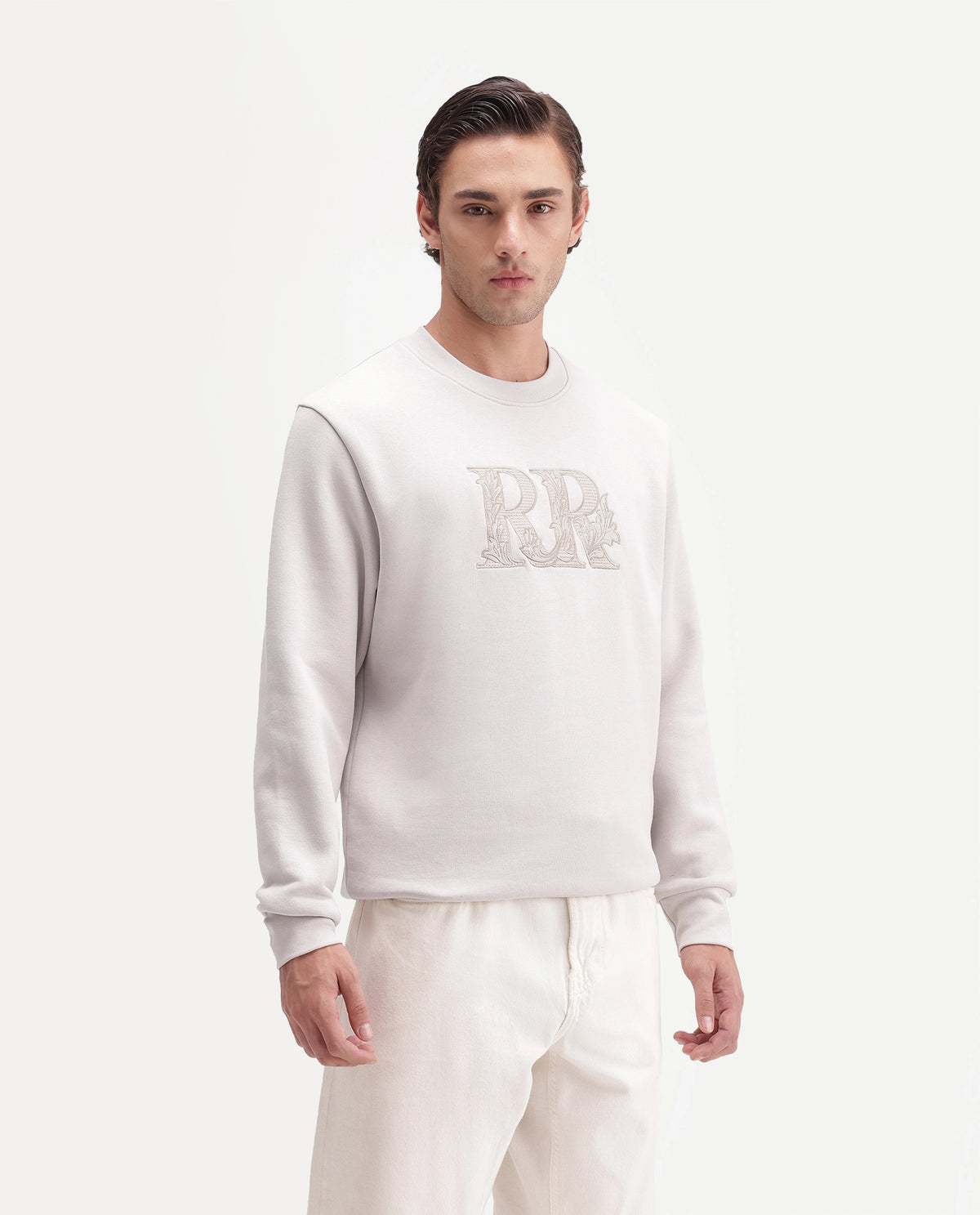 Rare Rabbit Men's Jonas Primary Off White Cotton Blend Crew Neck Regular Embroidered Sweatshirt