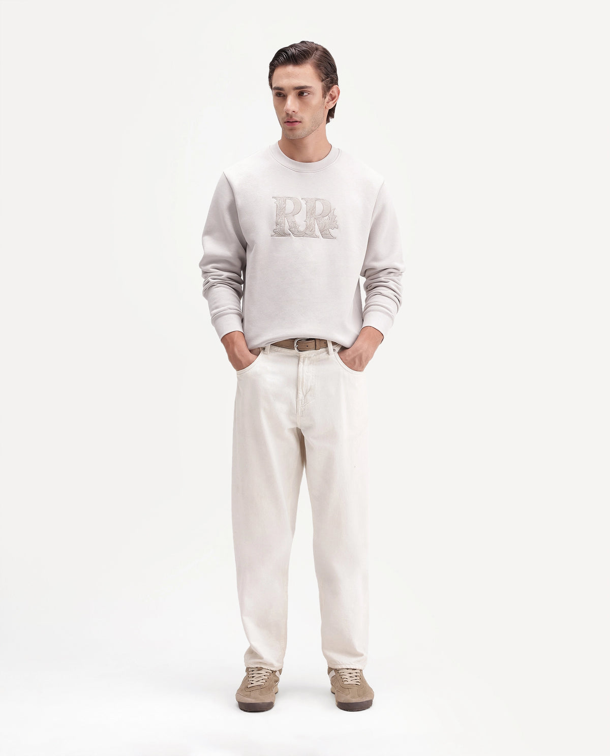 Rare Rabbit Men's Jonas Primary Off White Cotton Blend Crew Neck Regular Embroidered Sweatshirt