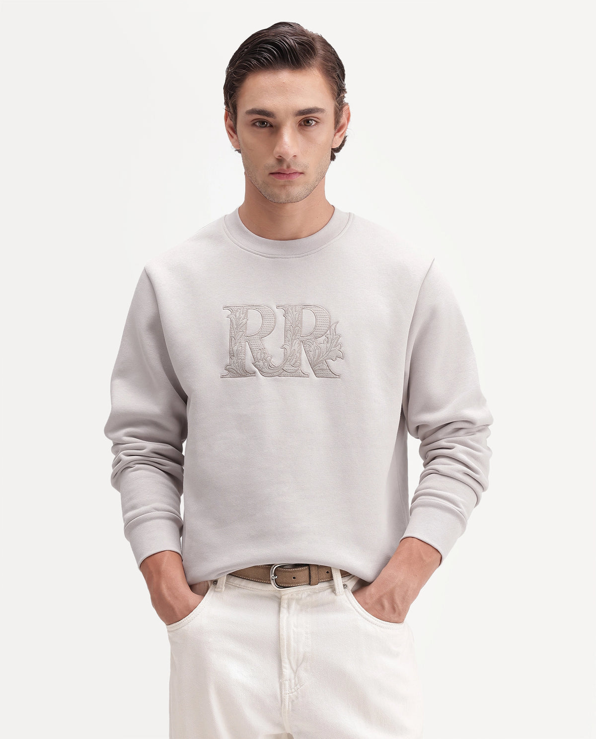 Rare Rabbit Men's Jonas Primary Off White Cotton Blend Crew Neck Regular Embroidered Sweatshirt