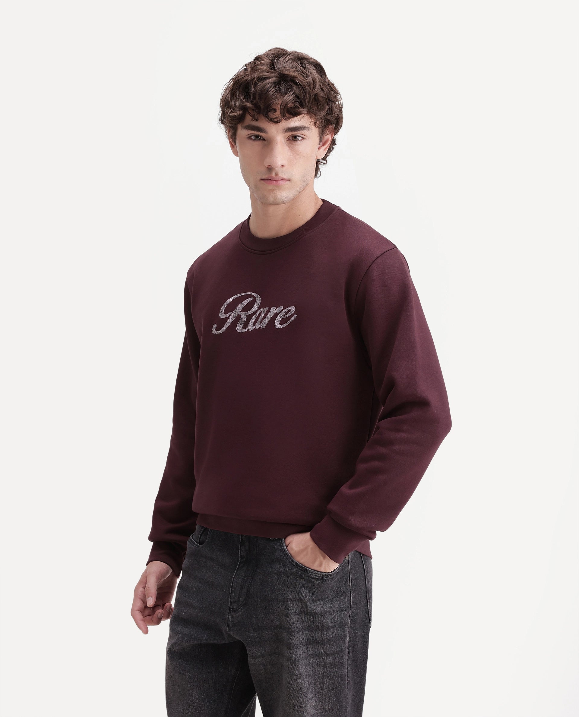 Rare Rabbit Men's Adio Primary Maroon Cotton Blend Crew Neck Regular Graphic Print Sweatshirt