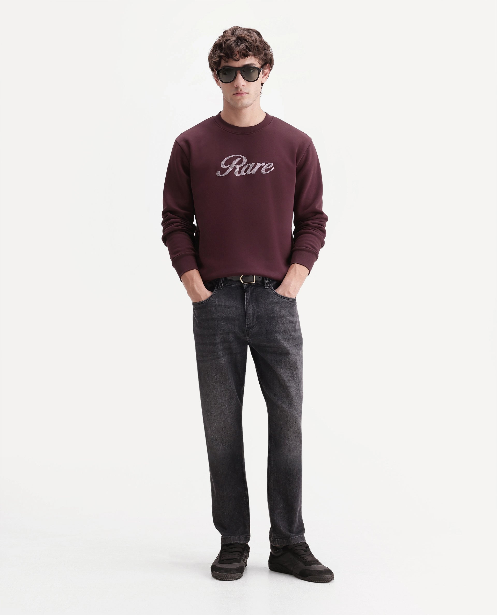 Rare Rabbit Men's Adio Primary Maroon Cotton Blend Crew Neck Regular Graphic Print Sweatshirt