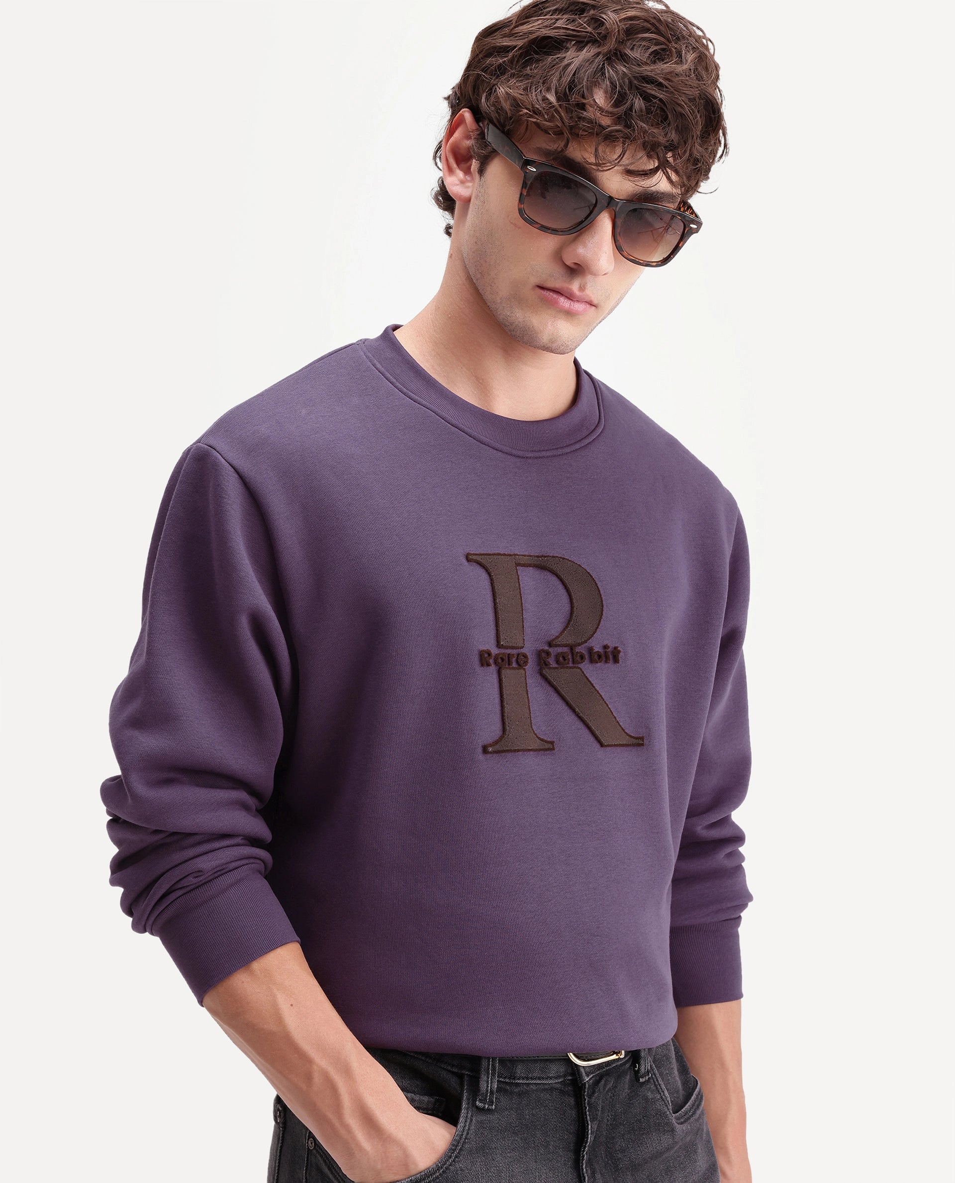Rare Rabbit Men's Wazi Dusky Purple Cotton Blend Crew Neck Regular Embroidered Sweatshirt