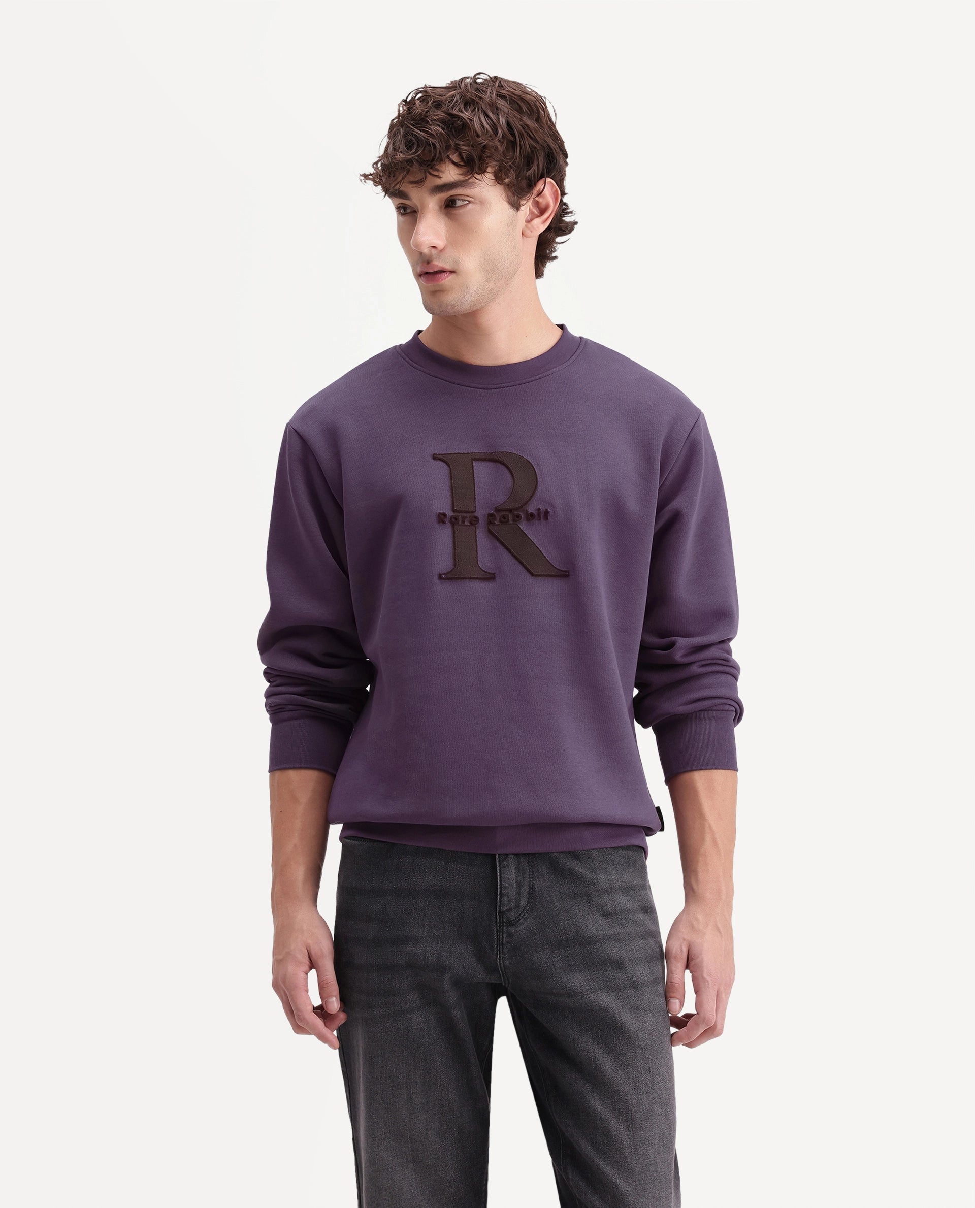 Rare Rabbit Men's Wazi Dusky Purple Cotton Blend Crew Neck Regular Embroidered Sweatshirt
