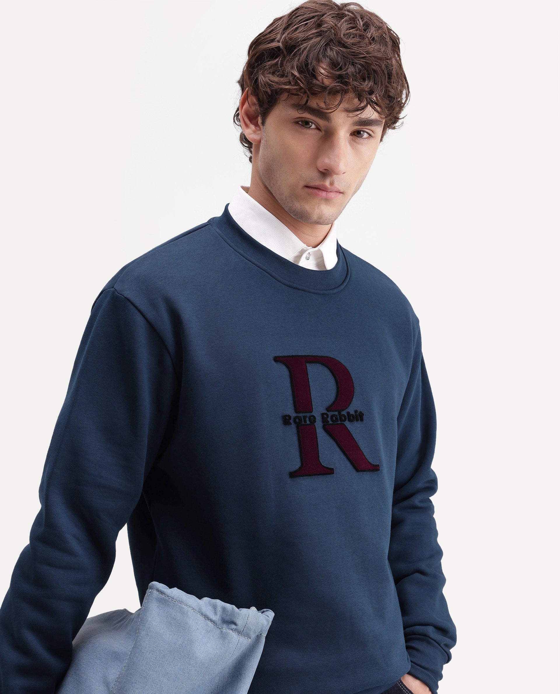 Rare Rabbit Men's Wazi Dark Blue Cotton Blend Crew Neck Regular Embroidered Sweatshirt