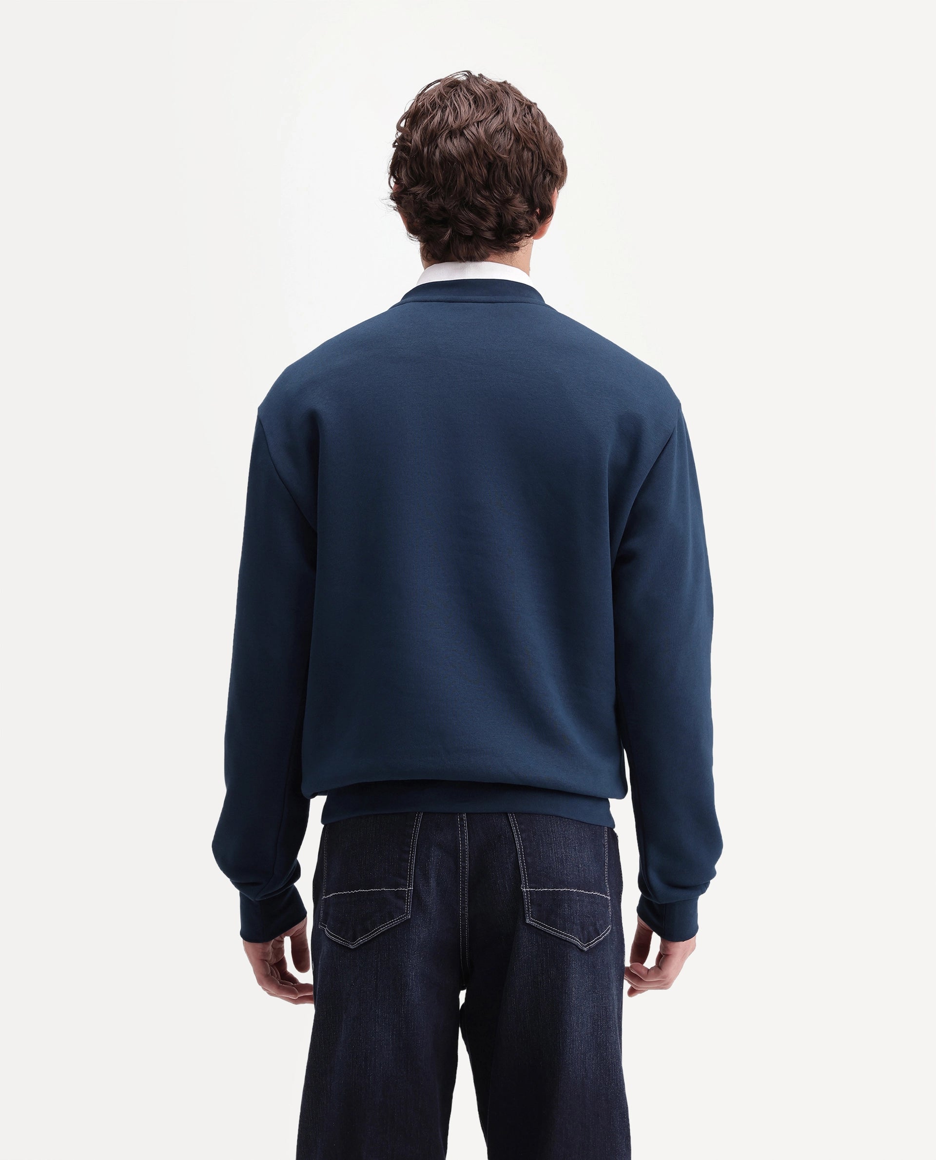 Rare Rabbit Men's Wazi Dark Blue Cotton Blend Crew Neck Regular Embroidered Sweatshirt