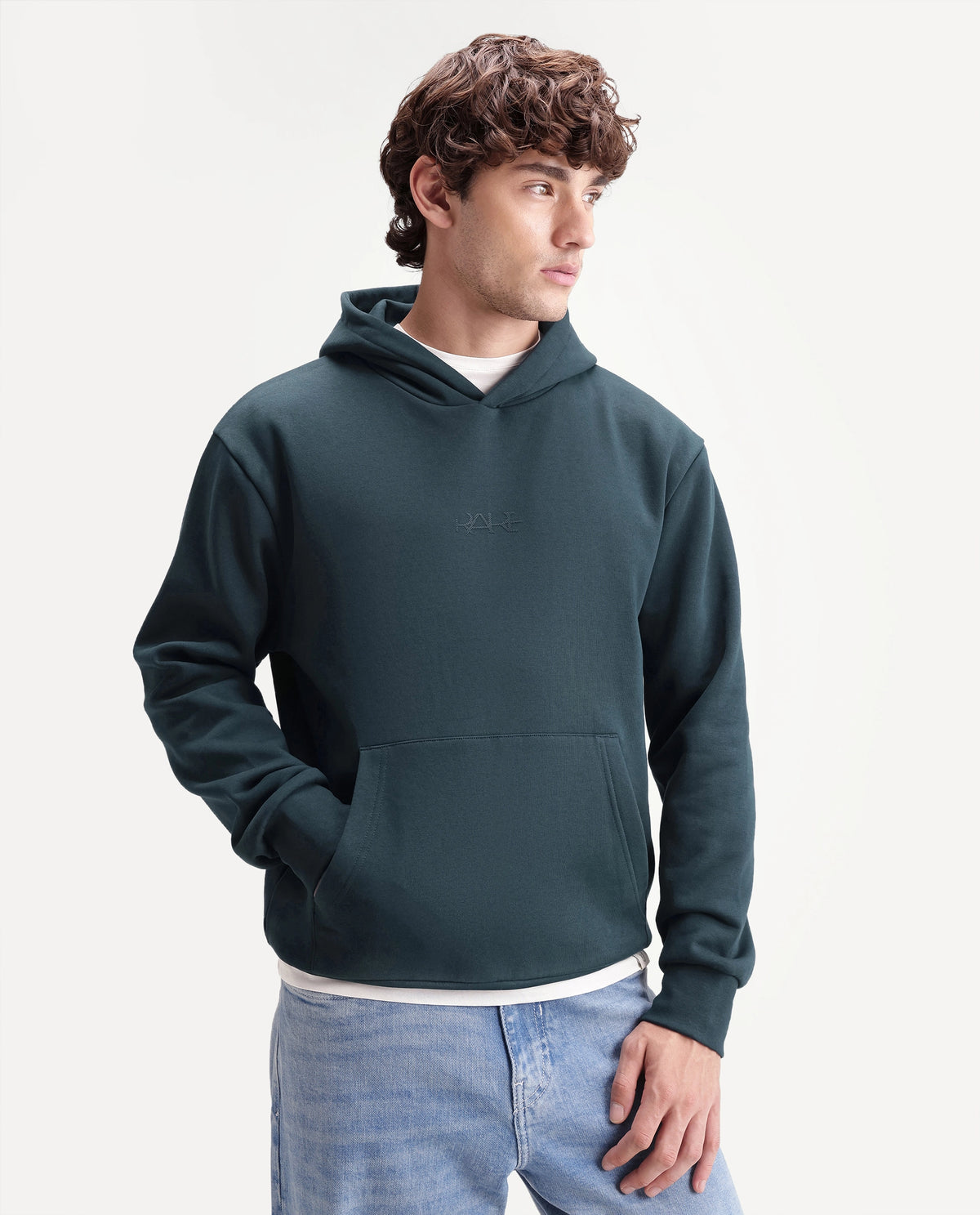 Rare Rabbit Men's Kore S Primary Teal Cotton Blend Hooded Regular Plain Sweatshirt