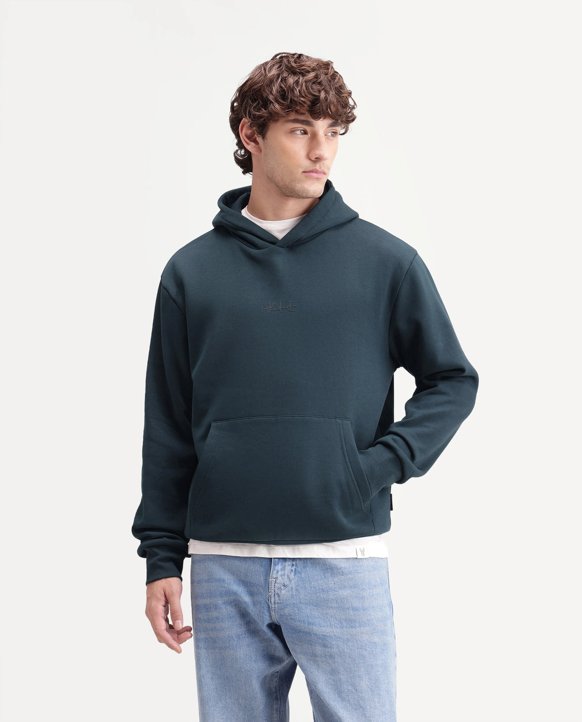 Rare Rabbit Men's Kore S Primary Teal Cotton Blend Hooded Regular Plain Sweatshirt