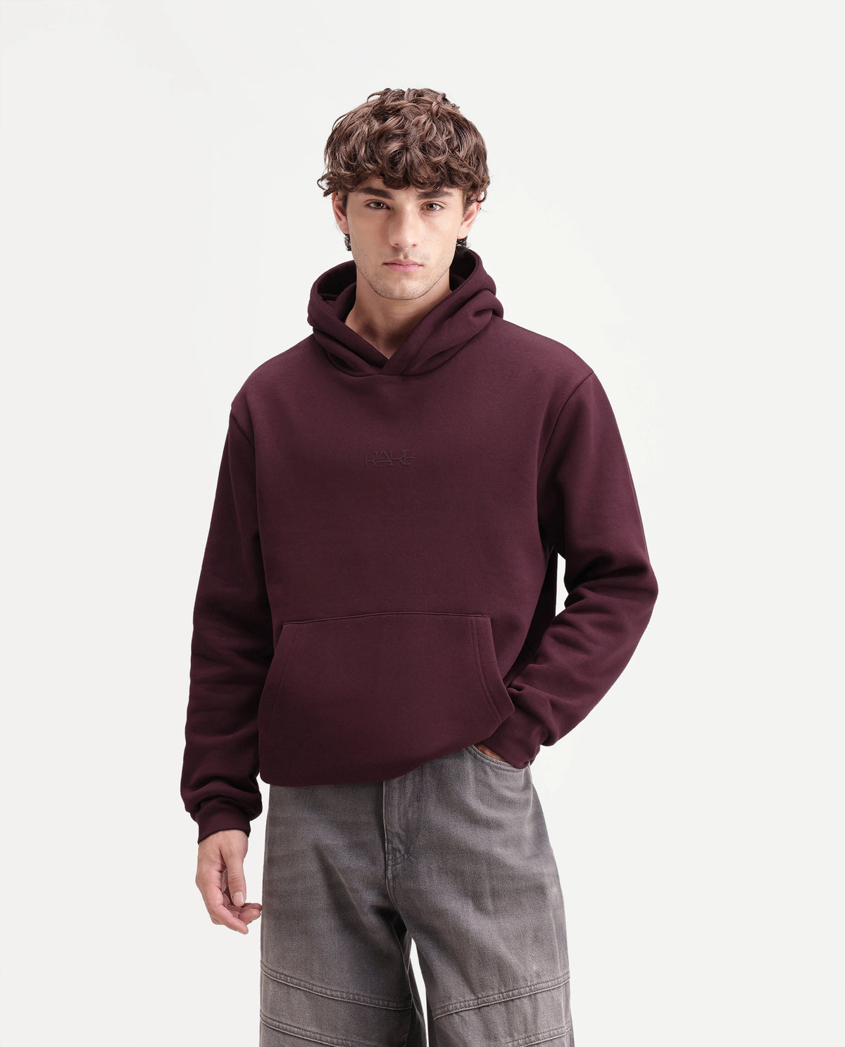 Rare Rabbit Men's Kore S Primary Maroon Cotton Blend Hooded Regular Plain Sweatshirt