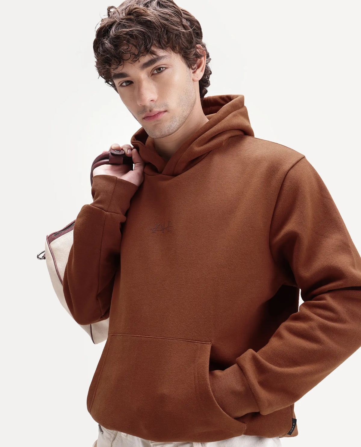 Rare Rabbit Men's Kore S Primary Rust Cotton Blend Hooded Regular Plain Sweatshirt