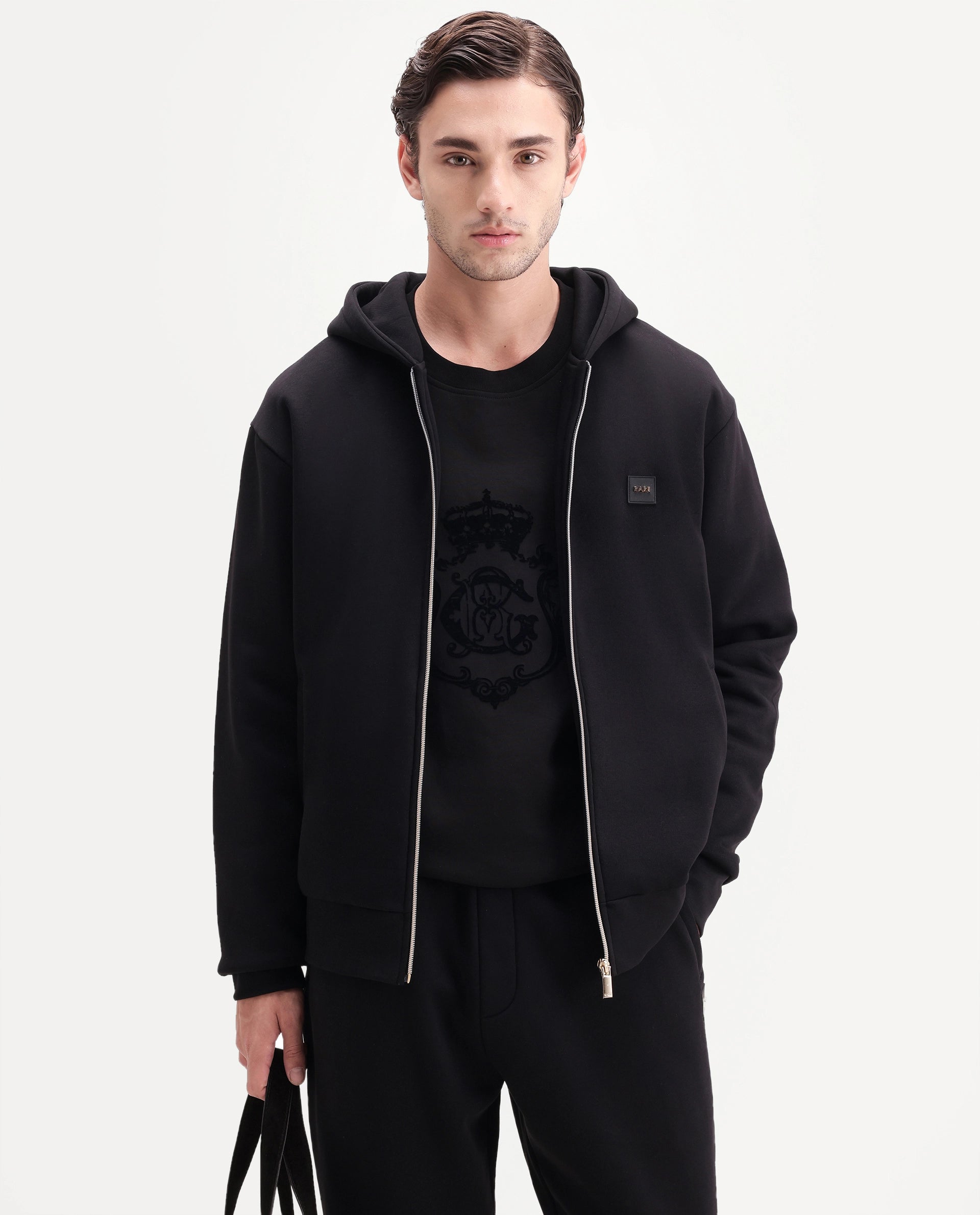 Rare Rabbit Men's Anderson-A26 Primary Black Cotton Blend Hooded Zipper Regular Plain Sweatshirt